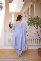 Mal Chanderi V-Neck Gown with Pant & Dupatta Set – Festive Wear