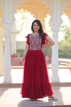 Maroon & Purple Bell Sleeve Party Wear Gown – Embroidered Designer Gown
