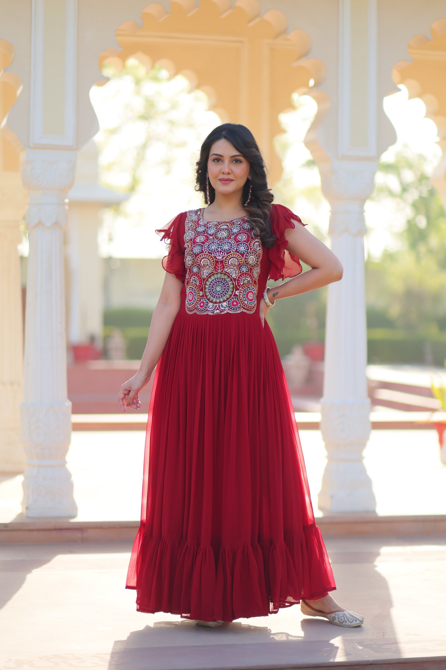 Maroon & Purple Bell Sleeve Party Wear Gown – Embroidered Designer Gown