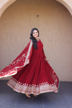 Maroon Embroidered Designer Gown with Dupatta – Wedding Reception Wear