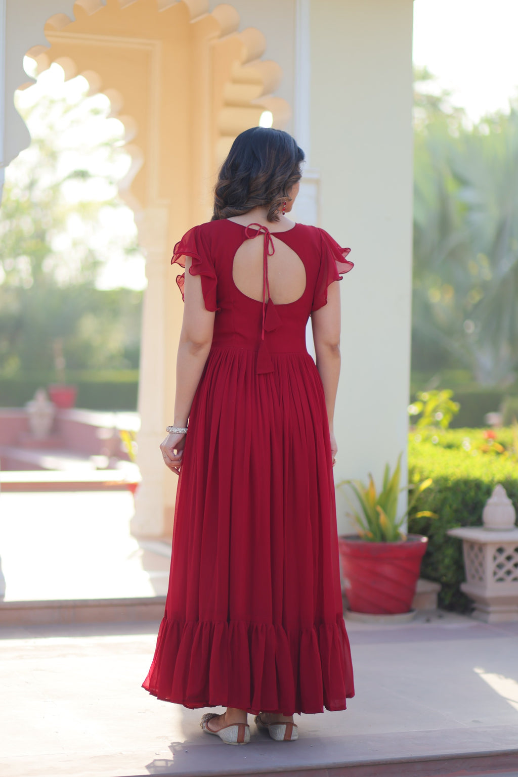 Maroon & Purple Bell Sleeve Party Wear Gown – Embroidered Designer Gown