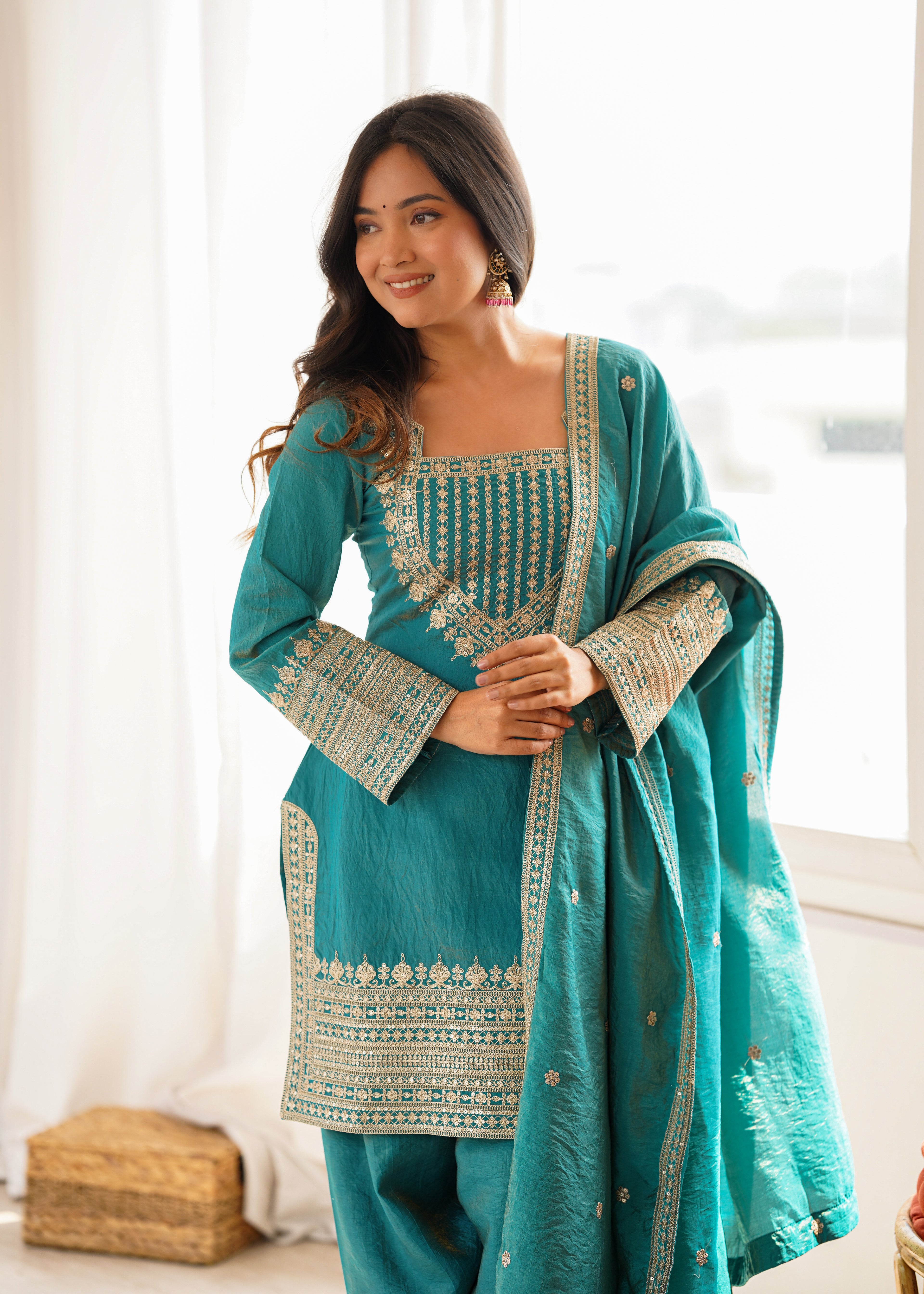 Seagreen Vichitra Silk Embroidered Top with Farshi Shalwar & Dupatta – Festive Wedding Wear