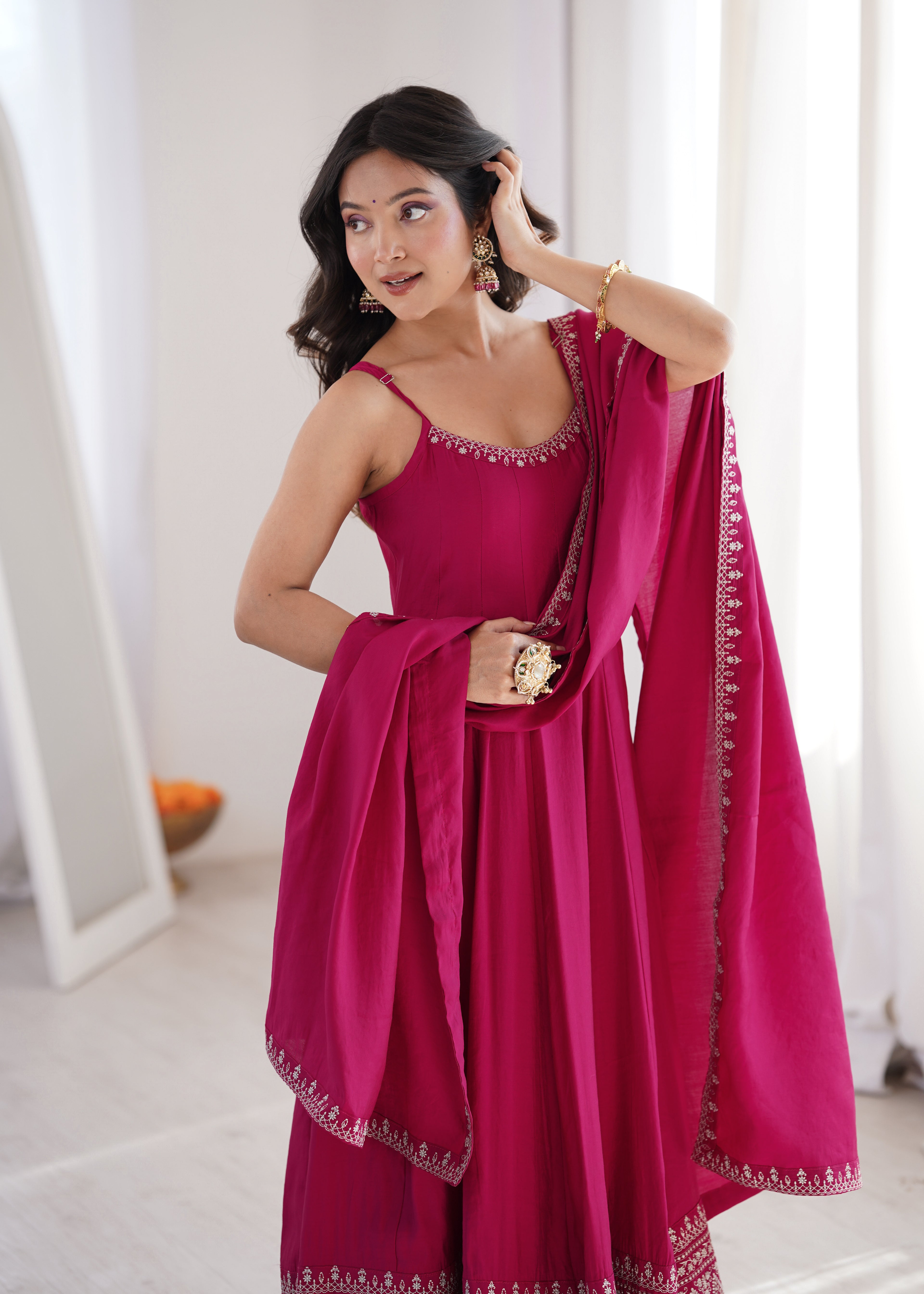 Pure Roman Silk Chanderi Flared Anarkali with Dupatta & Pant – Festive Wedding Wear