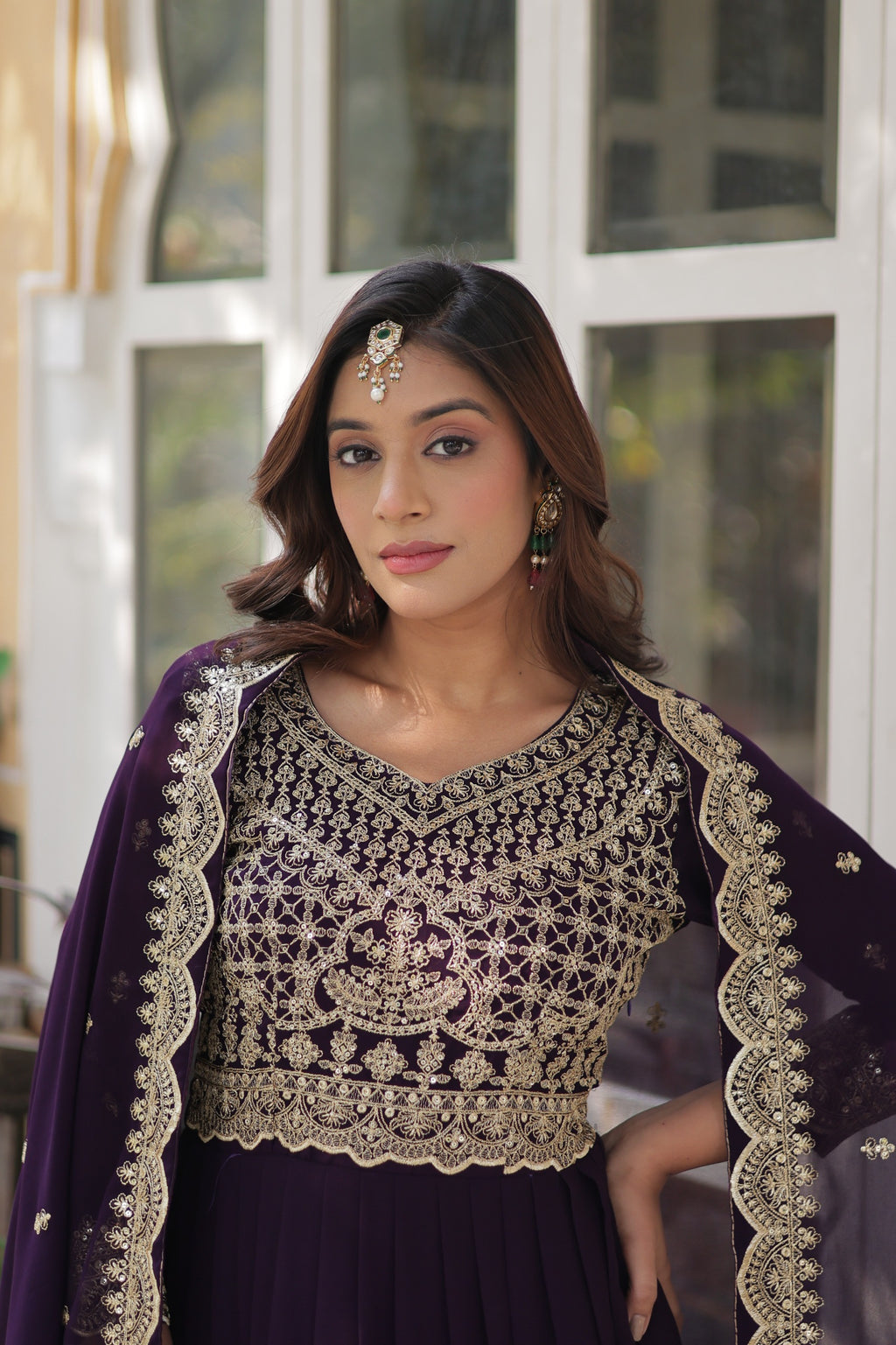 Maroon Faux Blooming Designer Gown with Dupatta – Wedding Reception