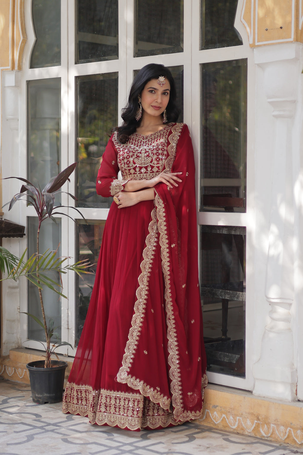 Maroon Faux Blooming Designer Gown with Dupatta – Wedding Reception