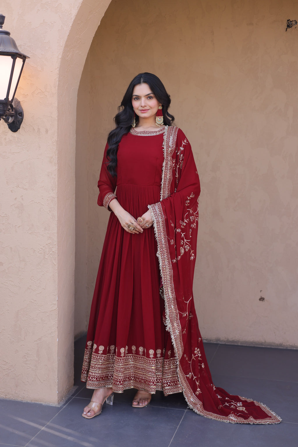 Maroon Embroidered Designer Gown with Dupatta – Wedding Reception Wear