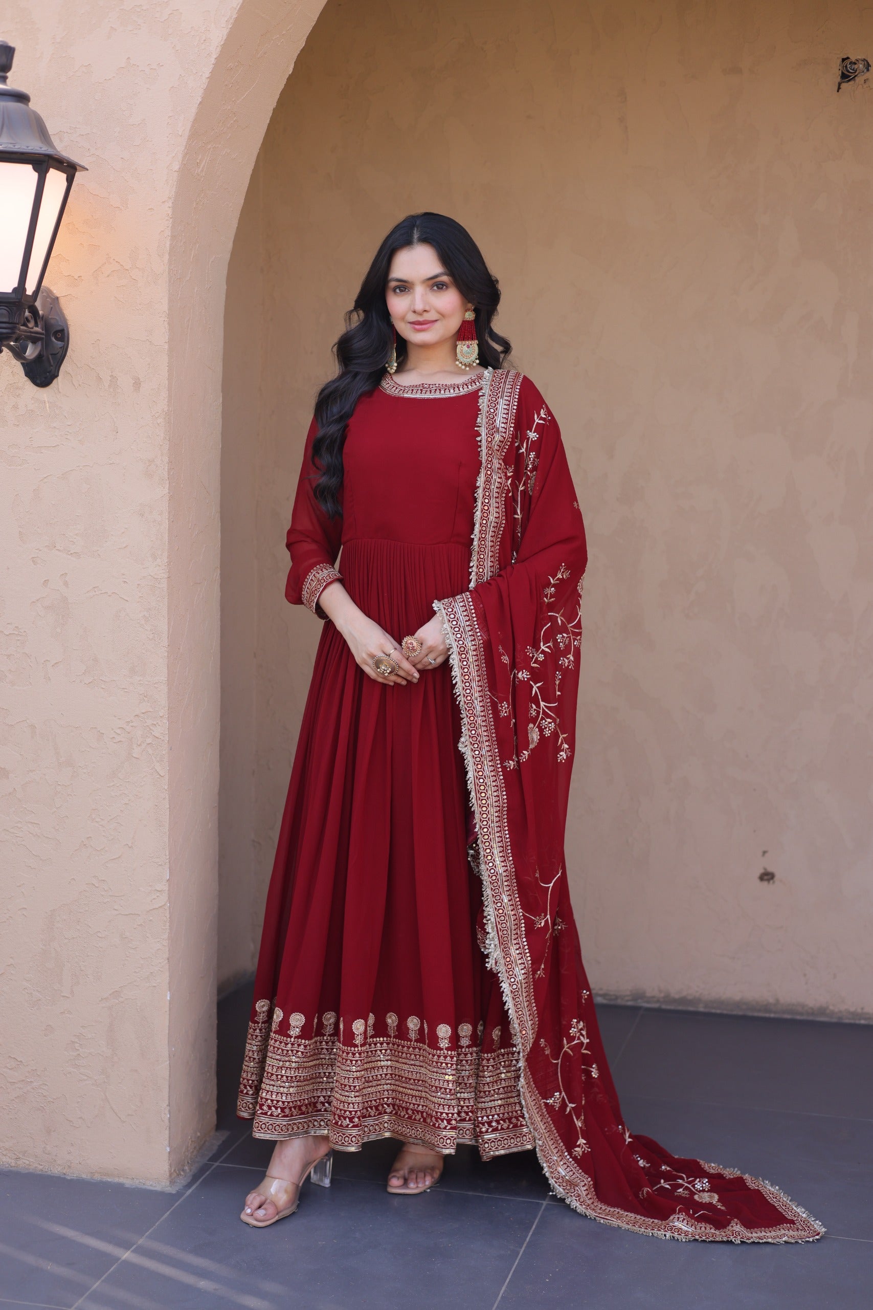 Maroon Embroidered Designer Gown with Dupatta – Wedding Reception Wear