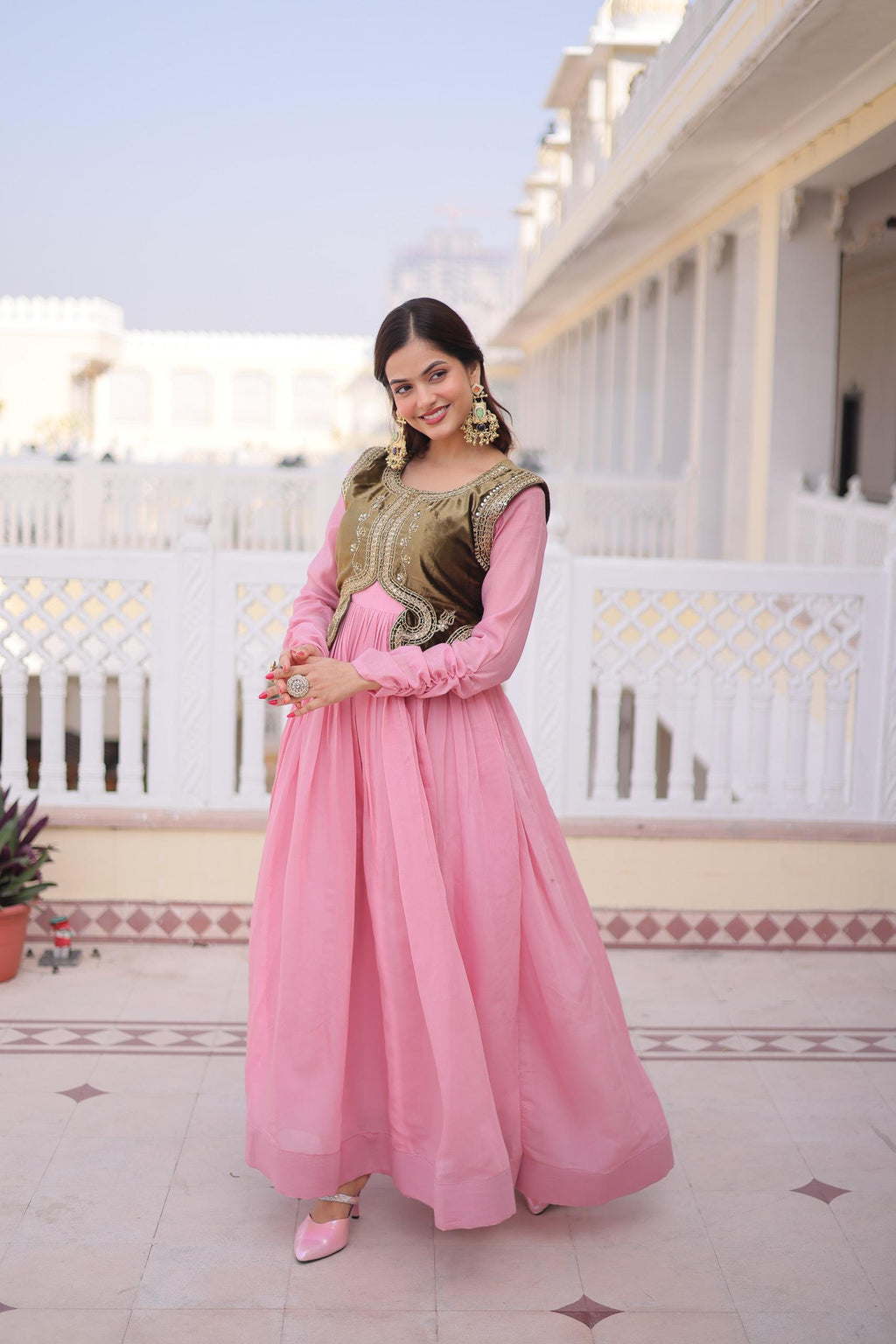 Mal Chanderi Gown with Ice Velvet Koti – Festive Party Wear