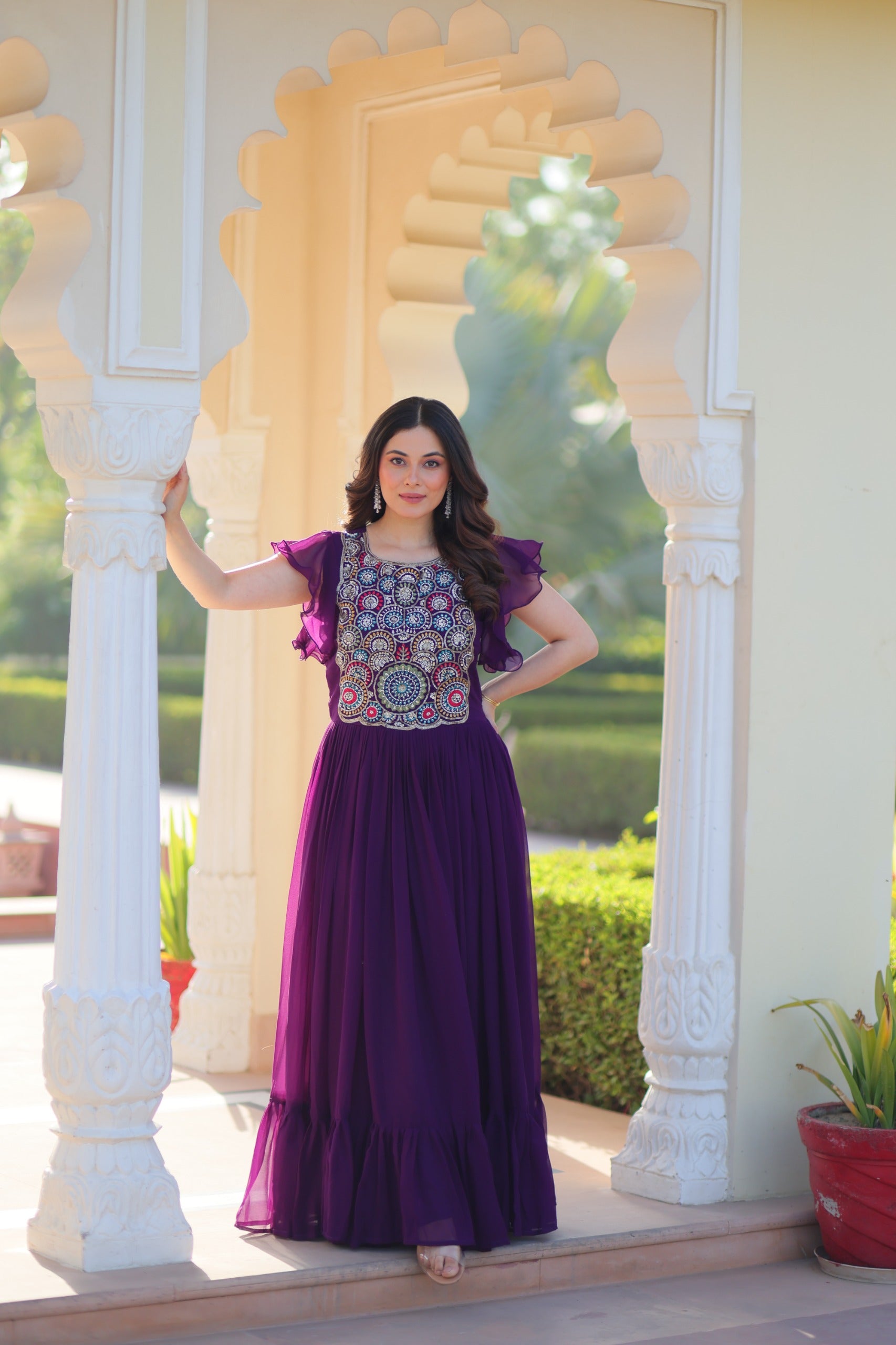 Maroon & Purple Bell Sleeve Party Wear Gown – Embroidered Designer Gown