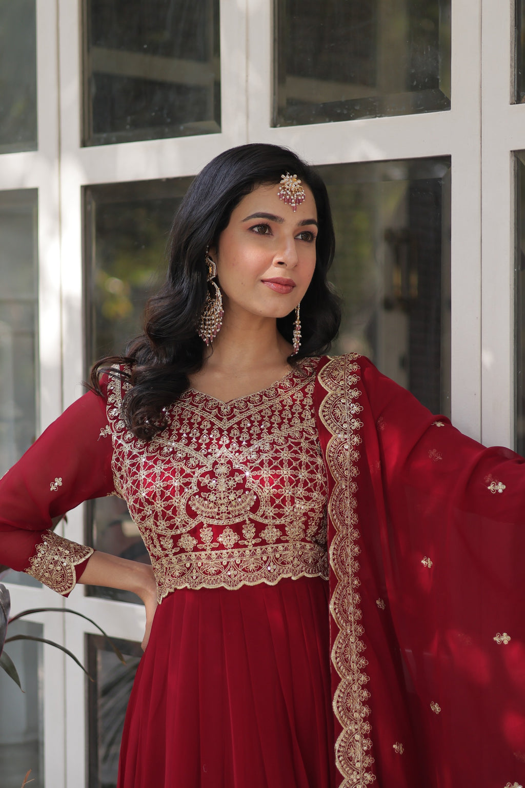 Maroon Faux Blooming Designer Gown with Dupatta – Wedding Reception