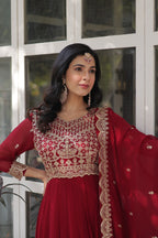 Maroon Faux Blooming Designer Gown with Dupatta – Wedding Reception