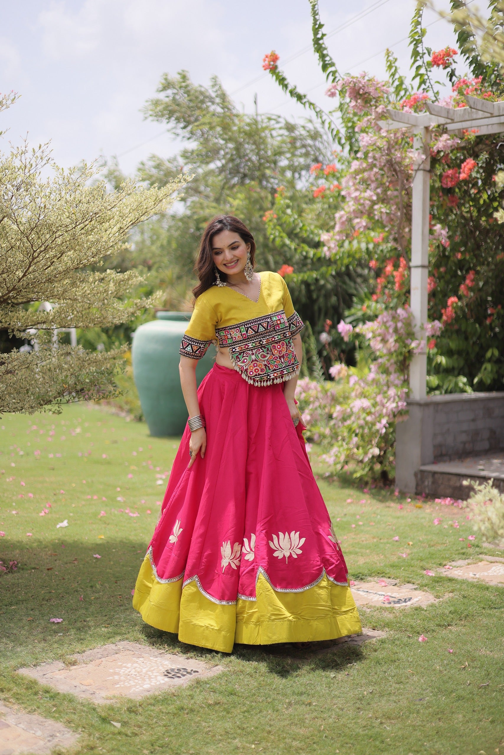 Navratri Roman Lehenga with Kutchi Gamthi Top – Garba Sangeet Wear