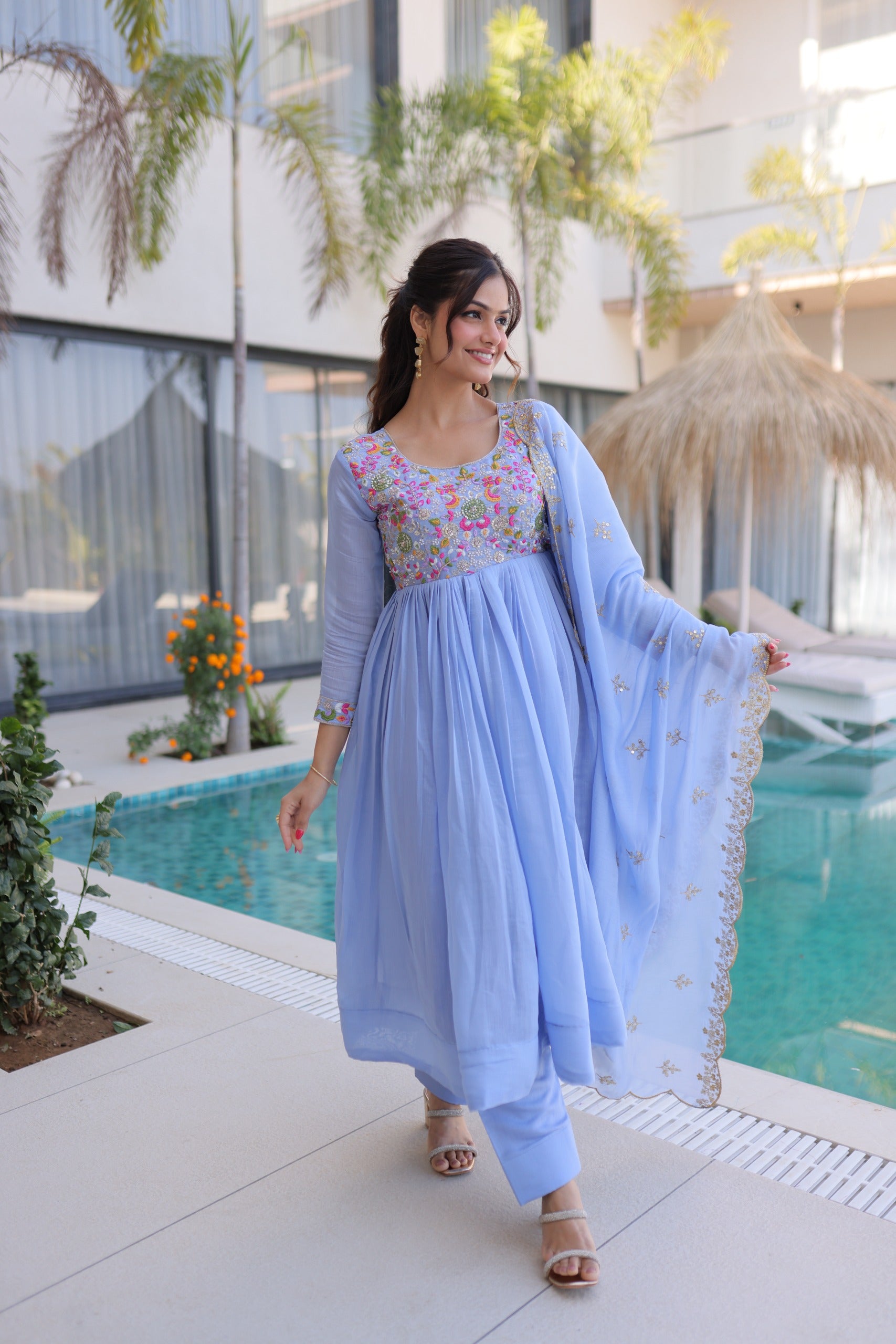 Mal Chanderi Gown with Pant & Dupatta Set – Festive Party Wear