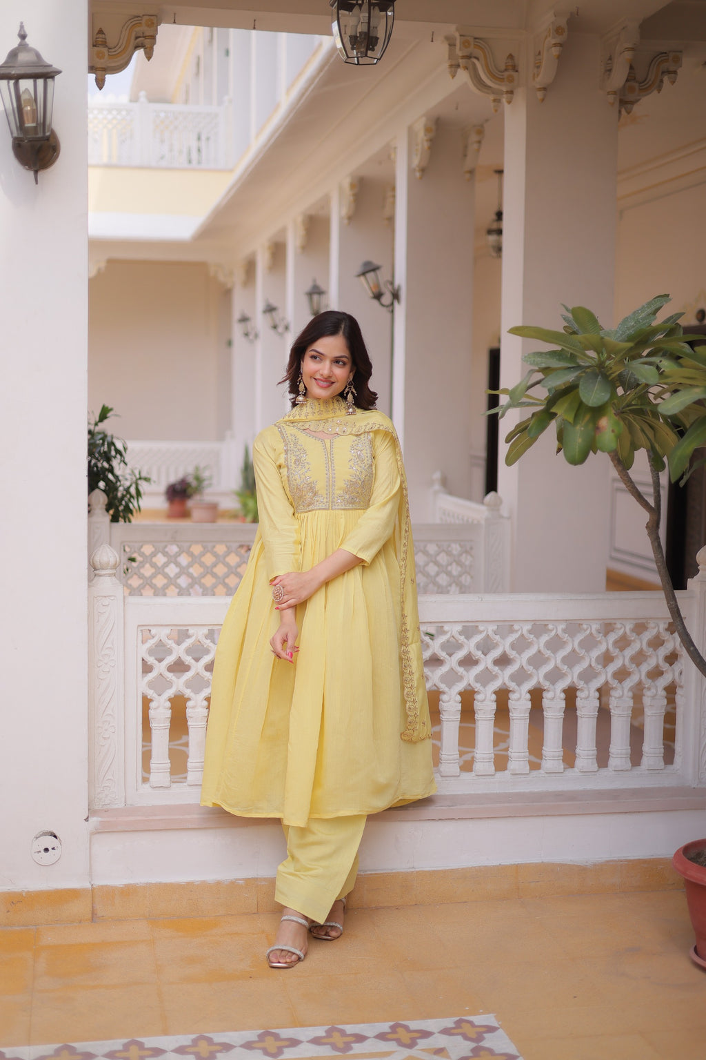 Mal Chanderi V-Neck Gown with Pant & Dupatta Set – Festive Wear