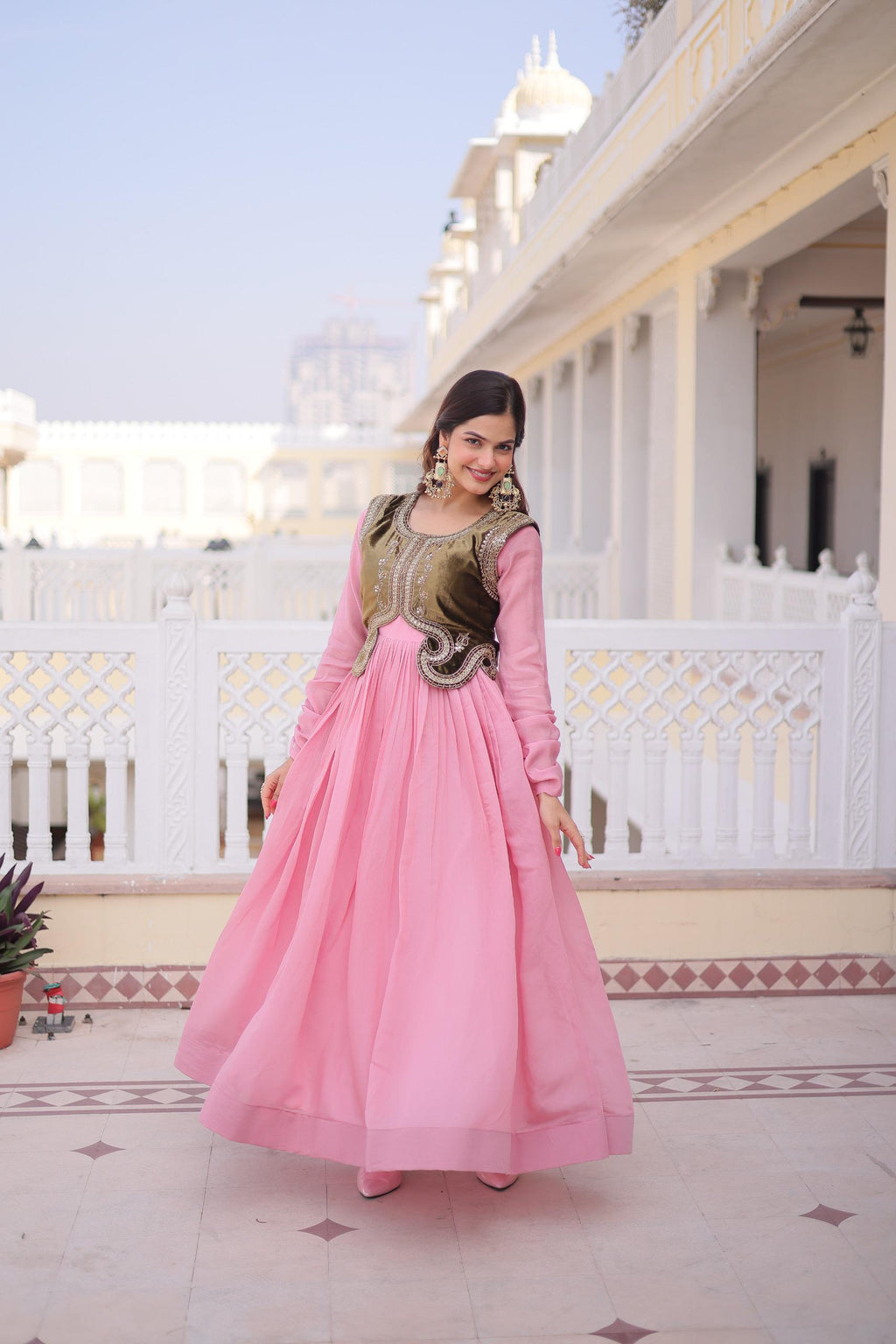 Mal Chanderi Gown with Ice Velvet Koti – Festive Party Wear