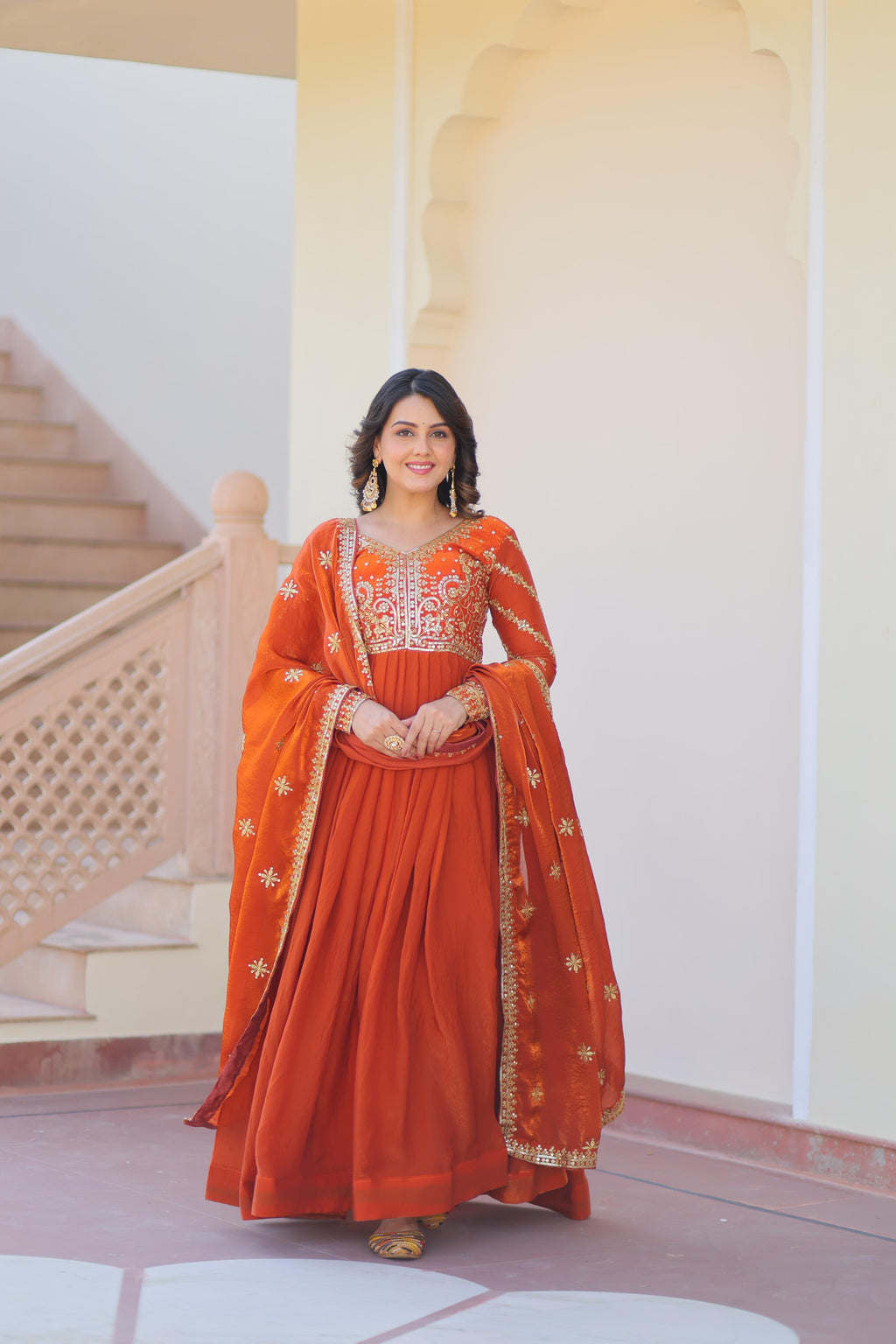 Fendy Fabric Designer Gown with Dupatta – Wedding Mehendi Wear