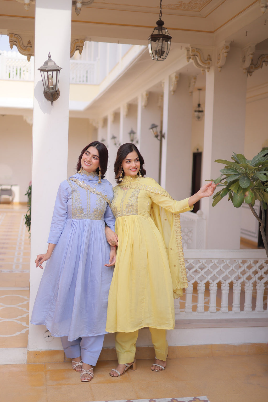 Mal Chanderi V-Neck Gown with Pant & Dupatta Set – Festive Wear