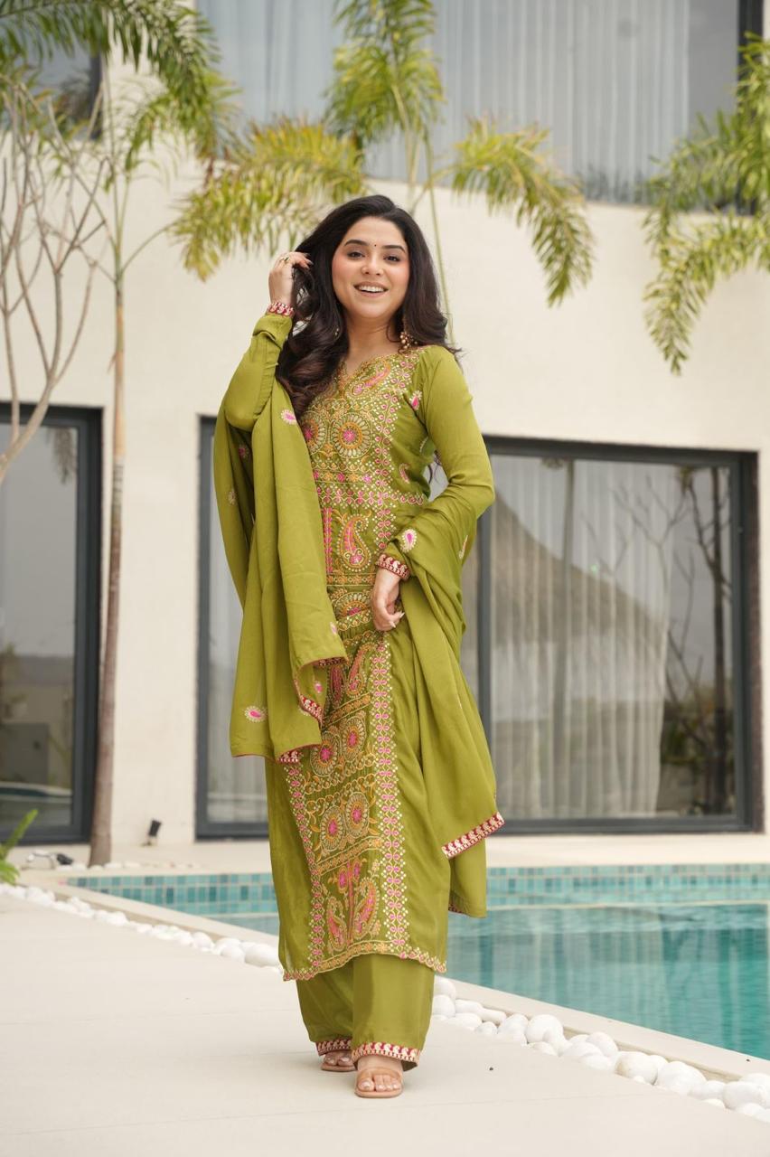 Chinnon Silk Top-Pant-Dupatta Set – Eid & Festive Party Wear
