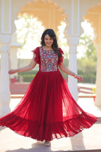 Maroon & Purple Bell Sleeve Party Wear Gown – Embroidered Designer Gown
