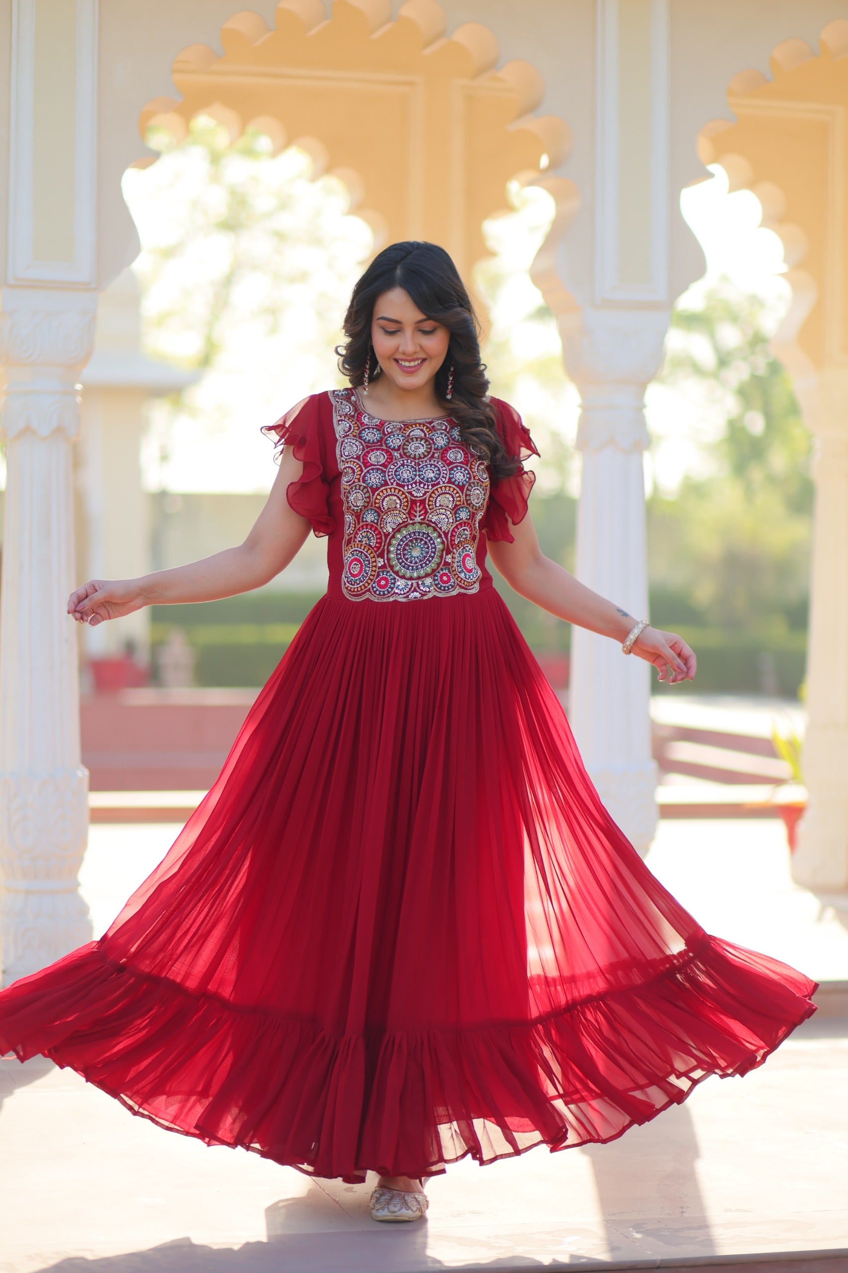 Maroon & Purple Bell Sleeve Party Wear Gown – Embroidered Designer Gown