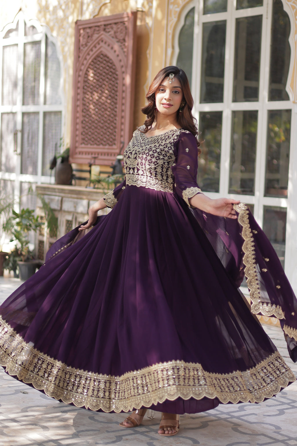 Maroon Faux Blooming Designer Gown with Dupatta – Wedding Reception