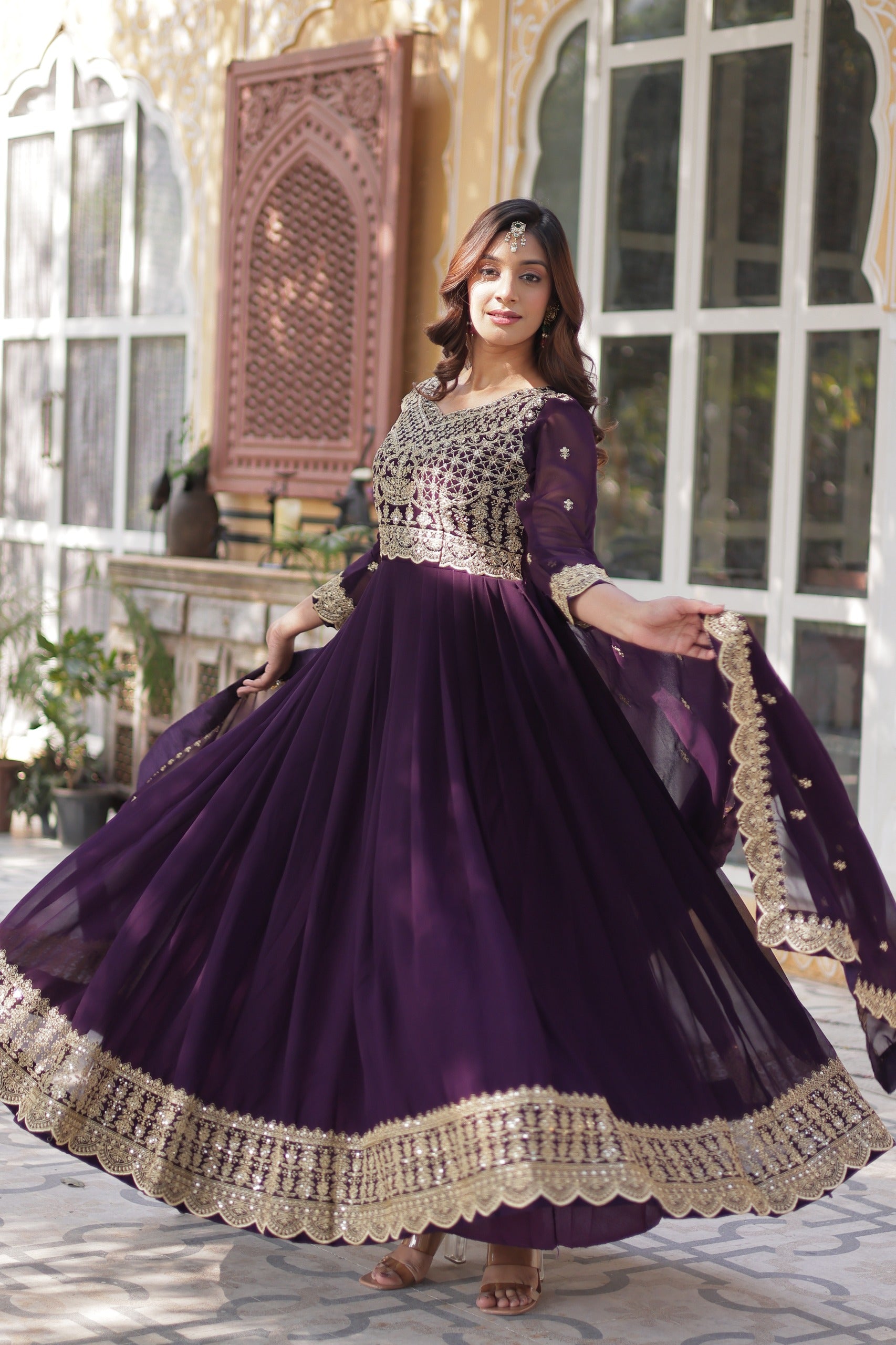 Maroon Faux Blooming Designer Gown with Dupatta – Wedding Reception