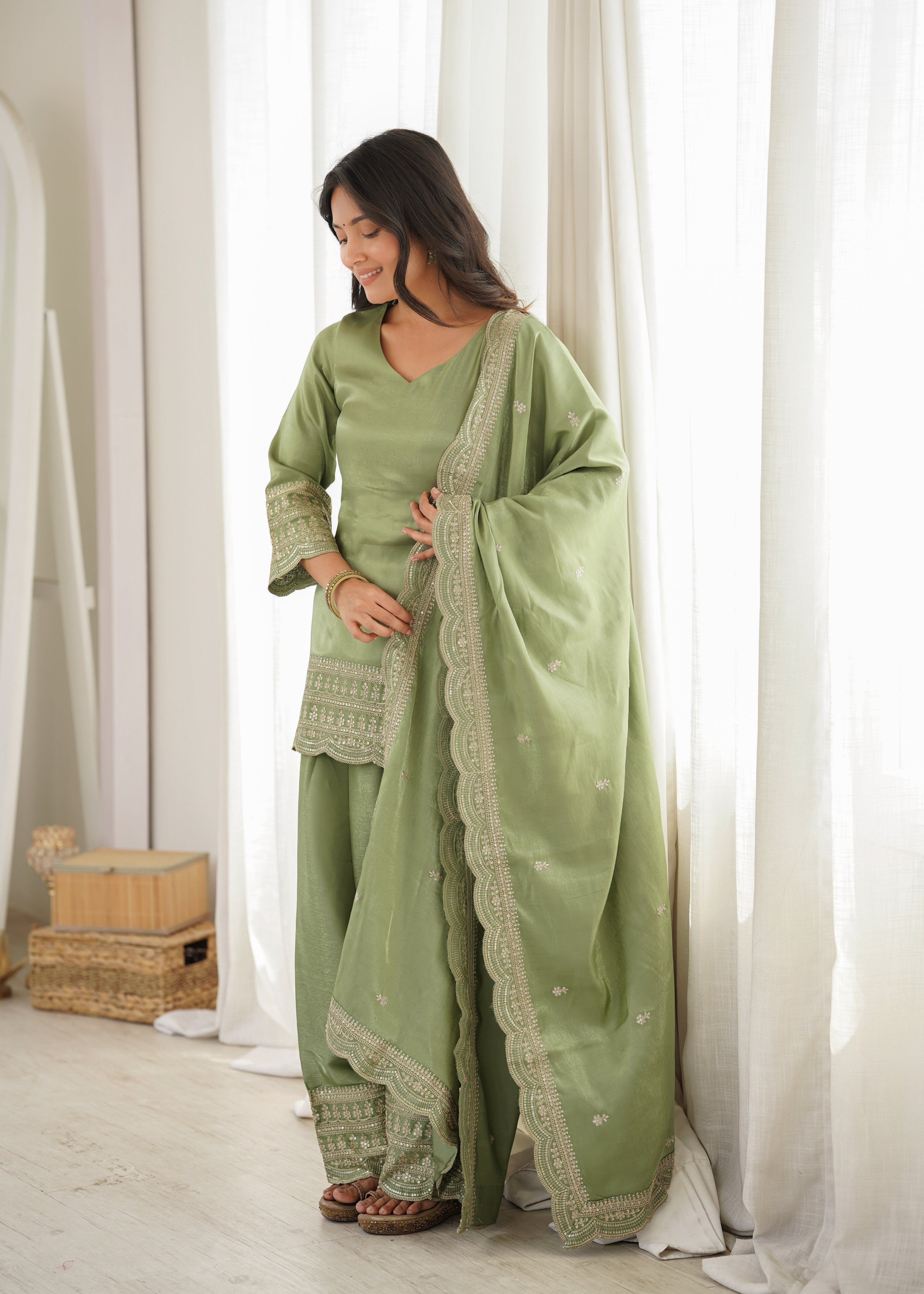 Glass Roman Silk Embroidered Top with Farshi Shalwar & Dupatta – Festive Wedding Wear