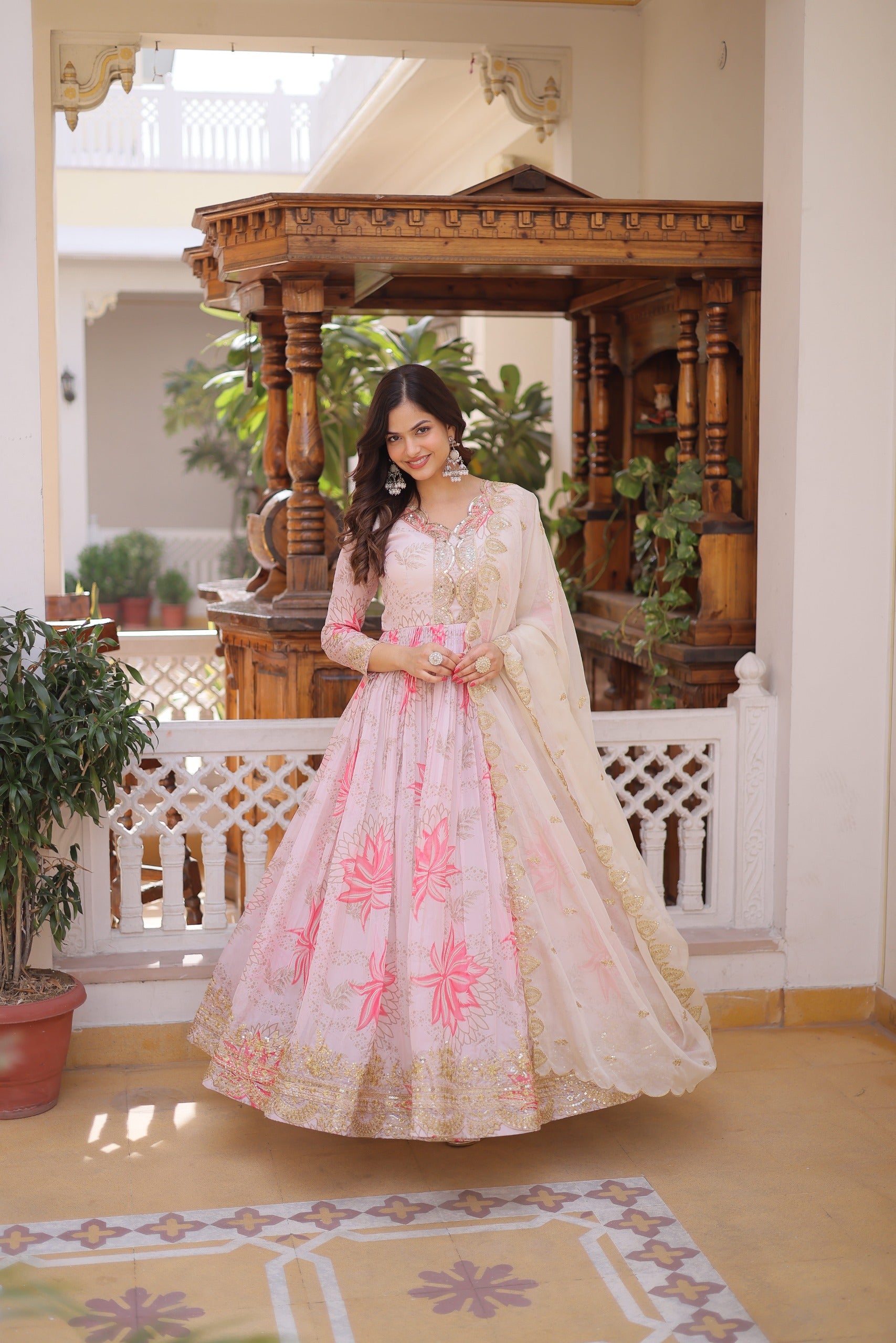 Pink Floral Anarkali Gown Set with Dupatta – Designer Party Wear