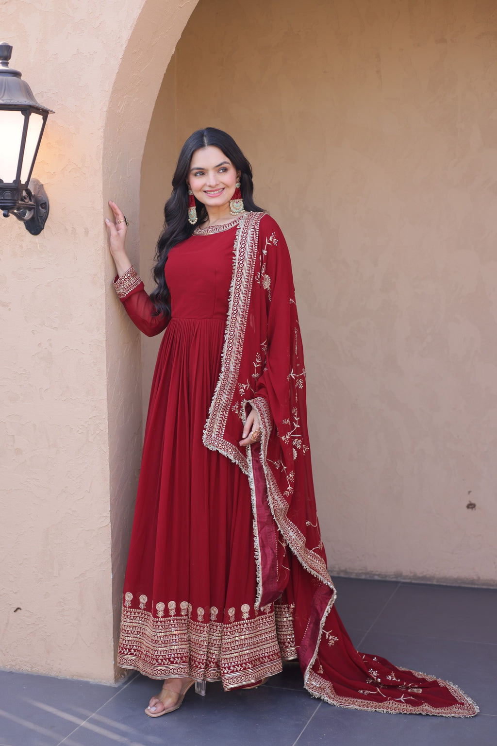Maroon Embroidered Designer Gown with Dupatta – Wedding Reception Wear