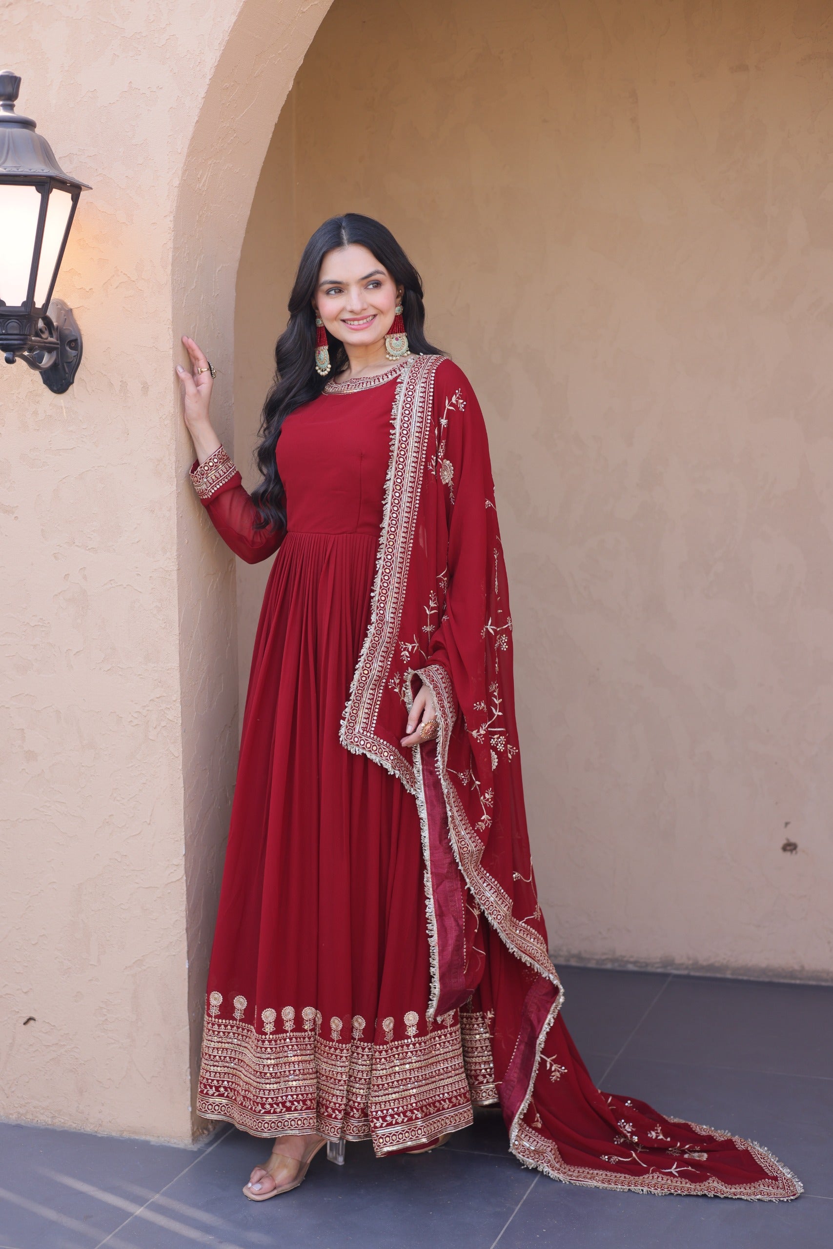 Maroon Embroidered Designer Gown with Dupatta – Wedding Reception Wear