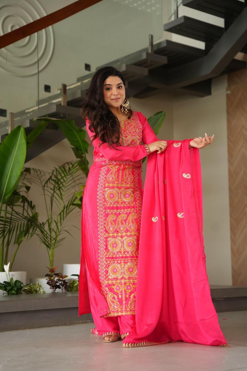 Chinnon Silk Top-Pant-Dupatta Set – Eid & Festive Party Wear