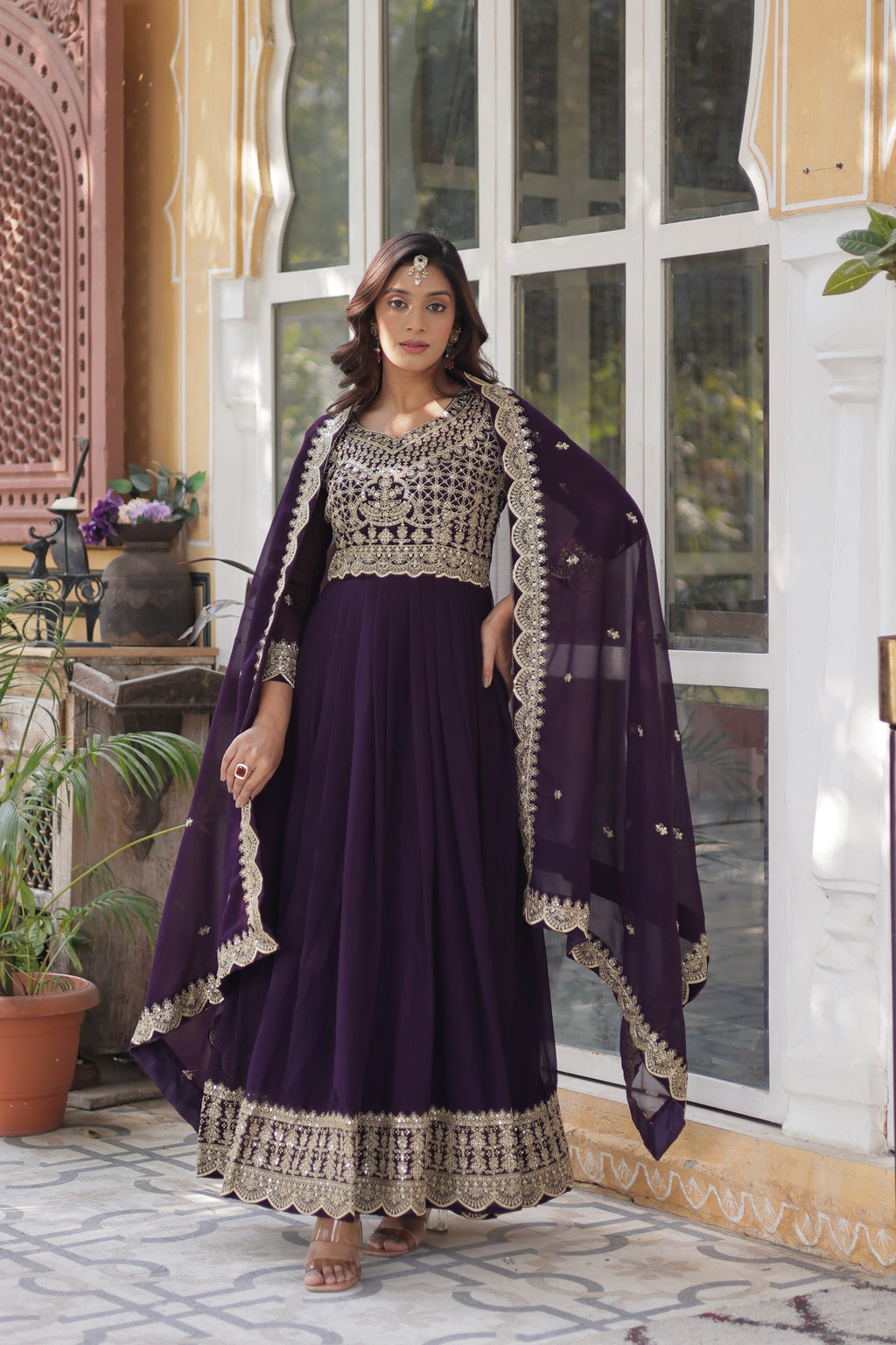 Maroon Faux Blooming Designer Gown with Dupatta – Wedding Reception