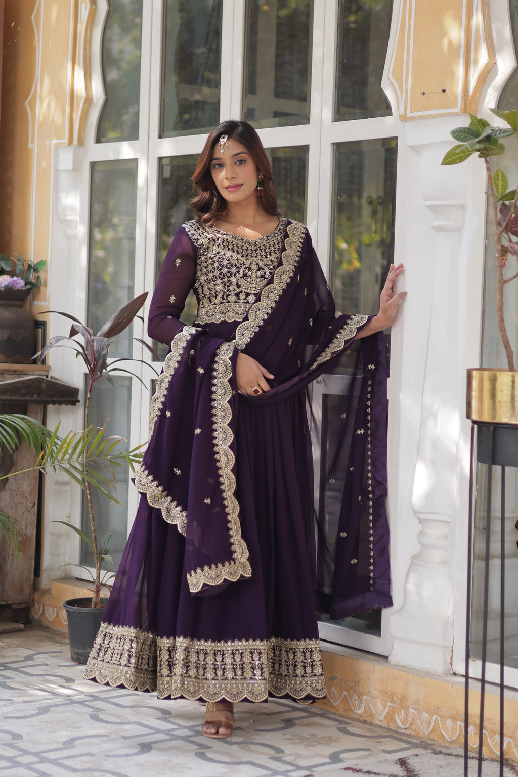 Maroon Faux Blooming Designer Gown with Dupatta – Wedding Reception