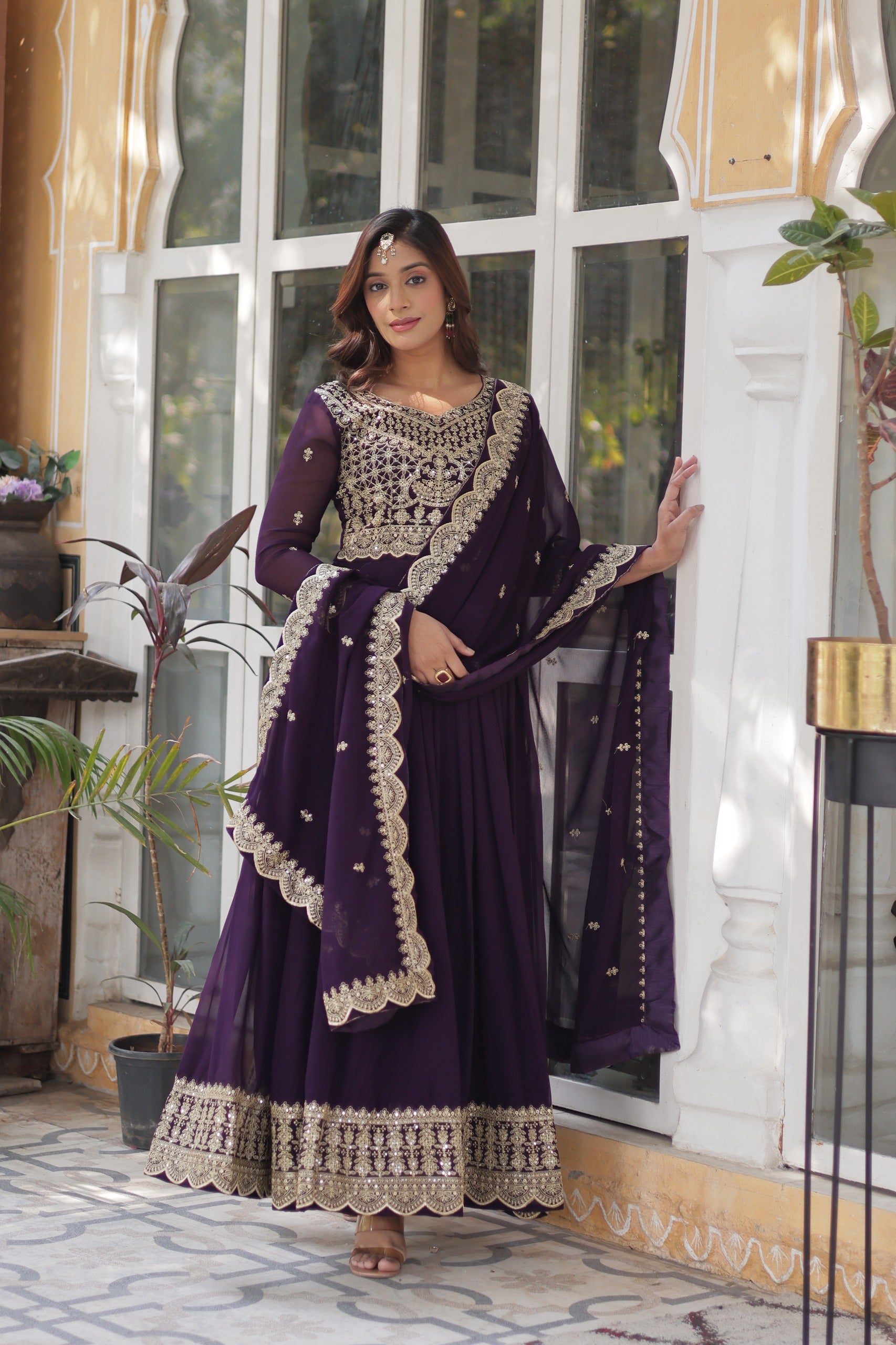 Maroon Faux Blooming Designer Gown with Dupatta – Wedding Reception