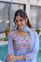 Mal Chanderi Gown with Pant & Dupatta Set – Festive Party Wear