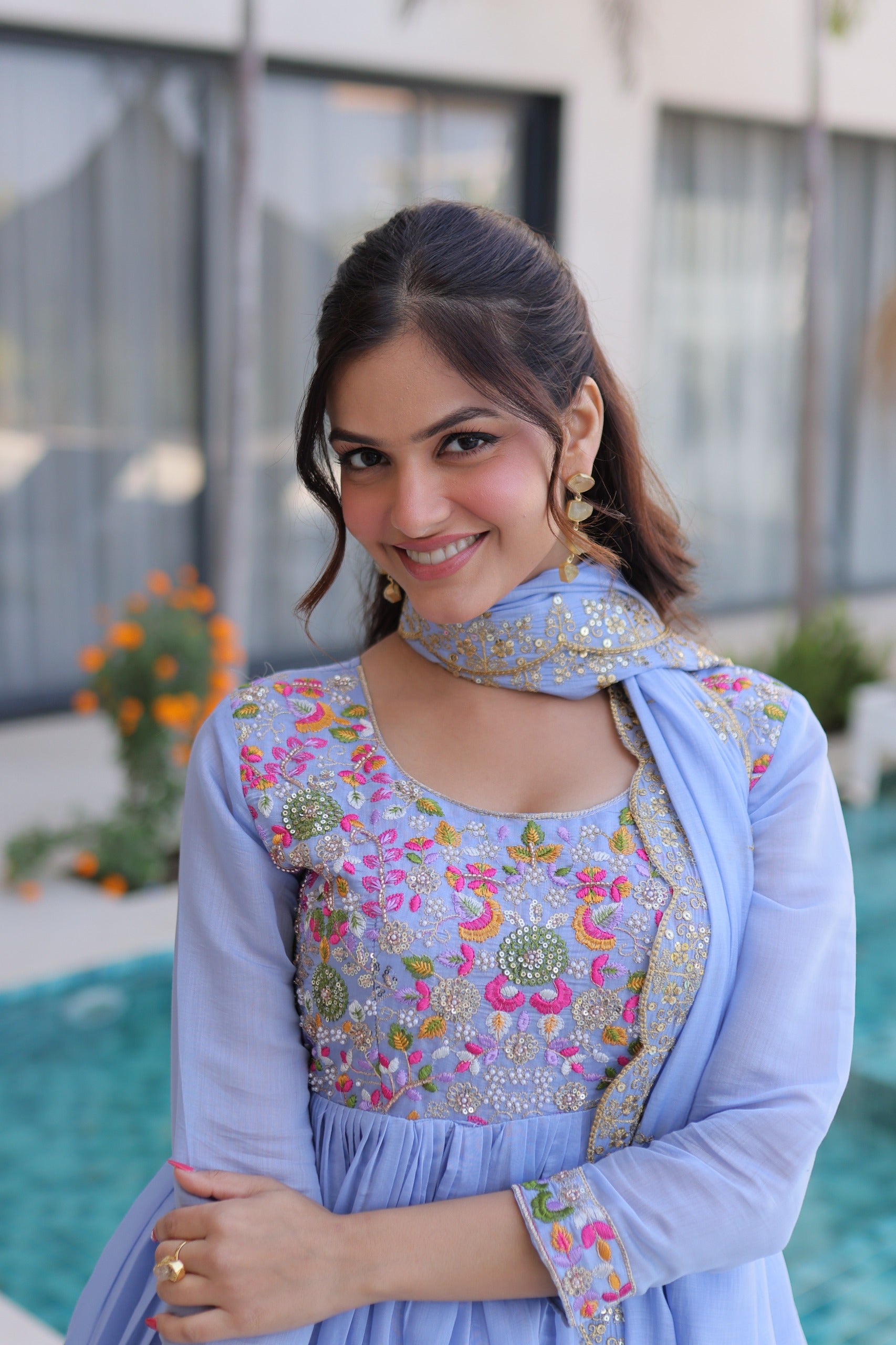 Mal Chanderi Gown with Pant & Dupatta Set – Festive Party Wear