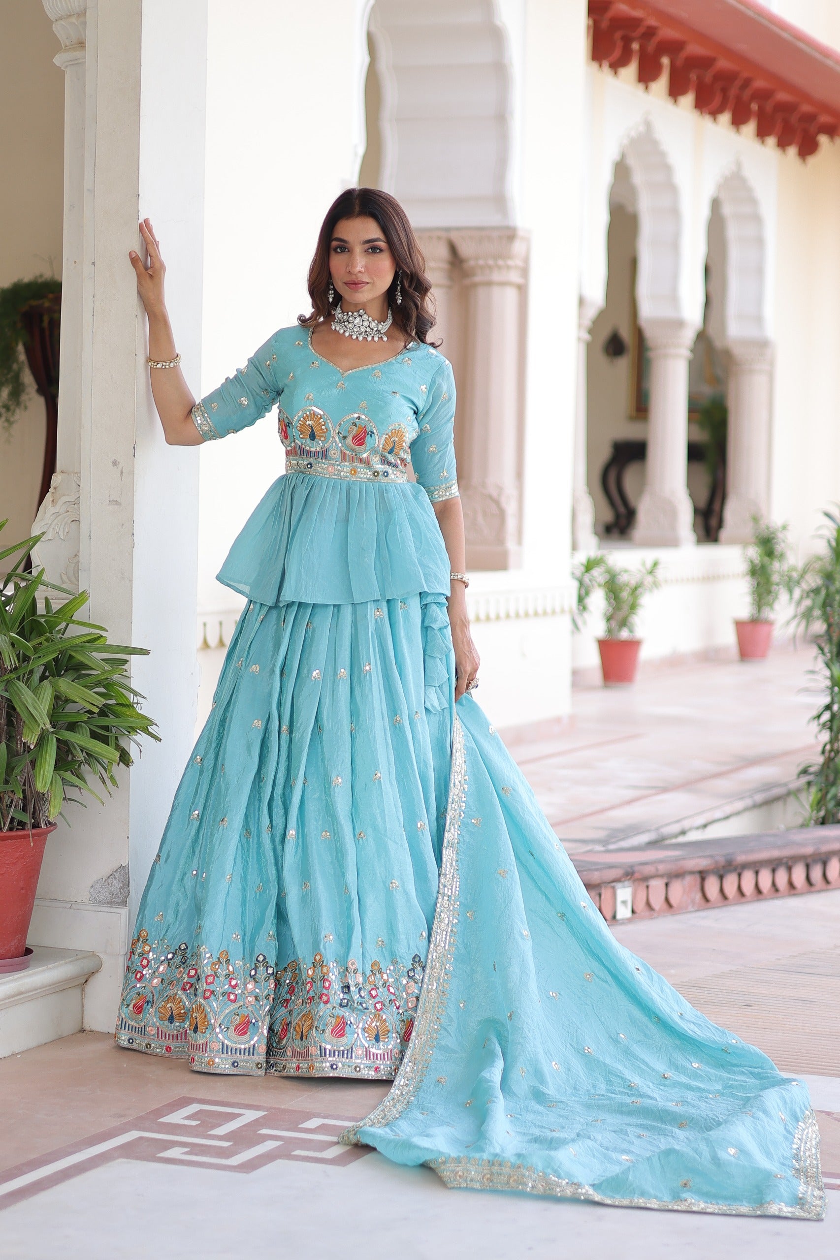 Gold Crush Peplum Bridal Lehenga Choli with Dupatta – Wedding Reception