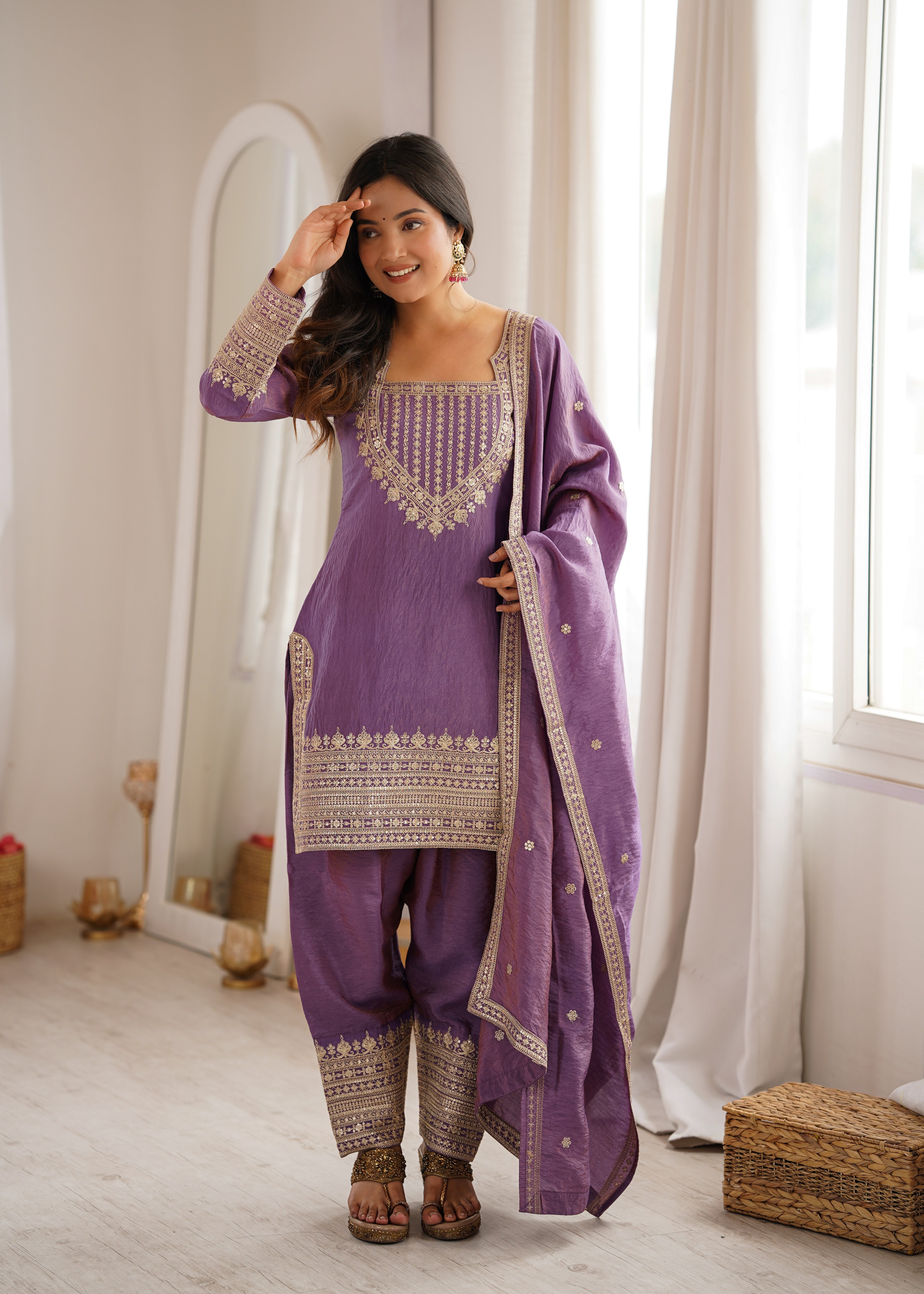 Onion Pink & Seagreen Vichitra Silk Embroidered Top with Farshi Shalwar & Dupatta – Festive Wedding Wear