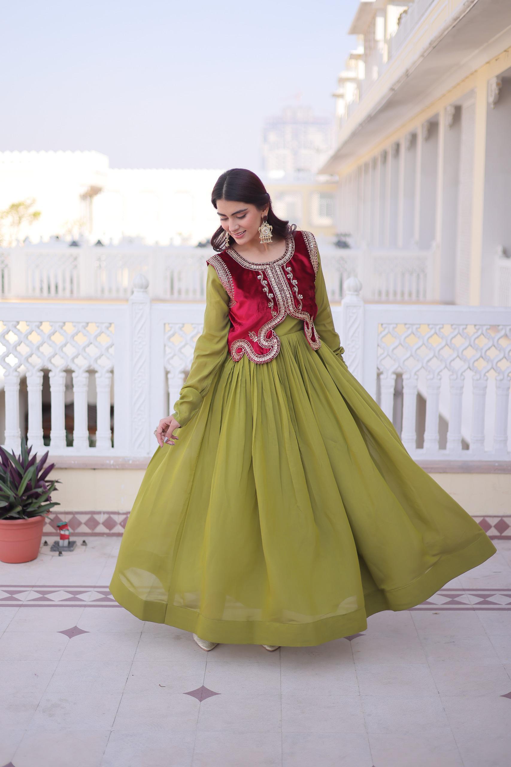 Mal Chanderi Gown with Ice Velvet Koti – Festive Party Wear