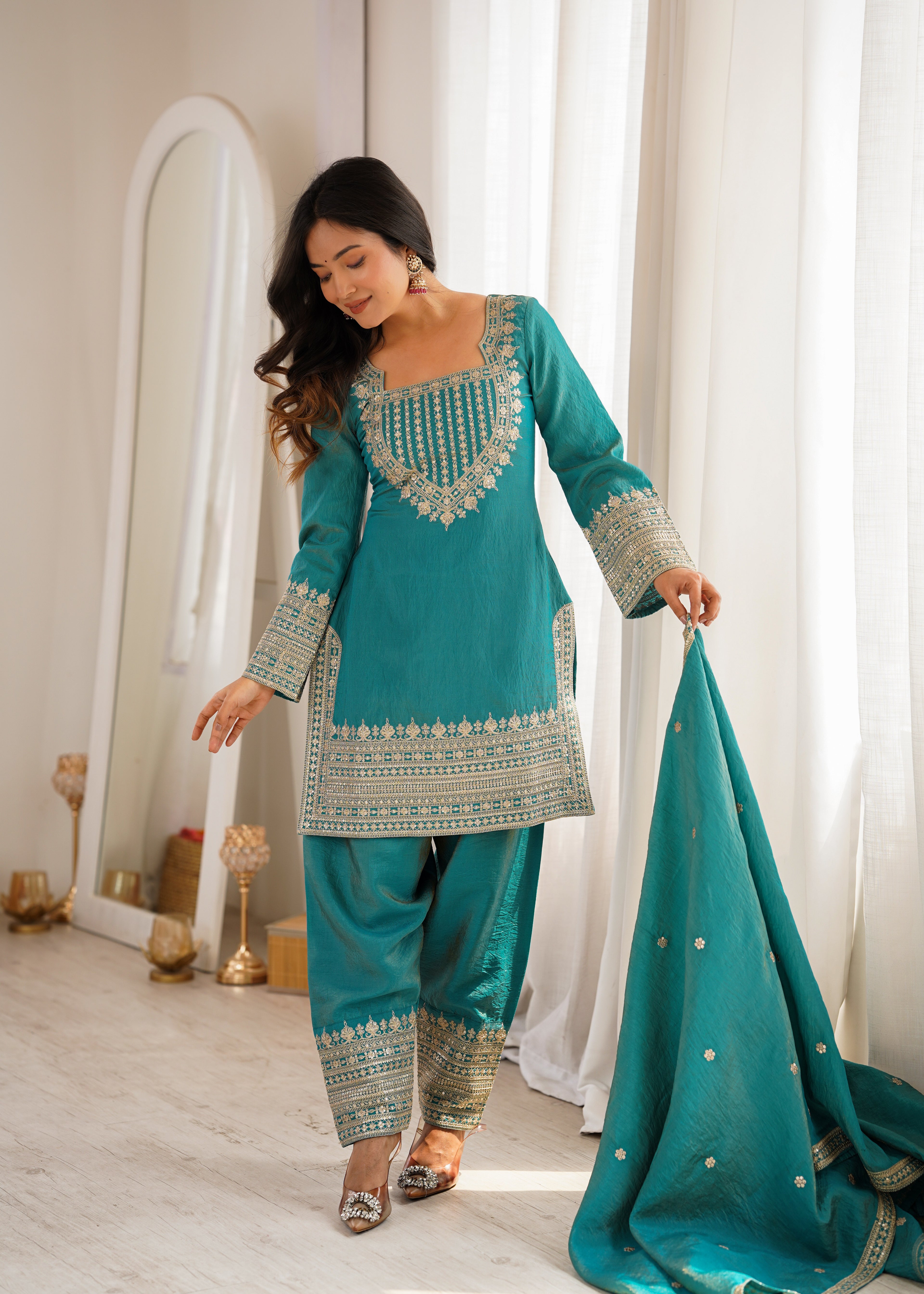 Seagreen Vichitra Silk Embroidered Top with Farshi Shalwar & Dupatta – Festive Wedding Wear