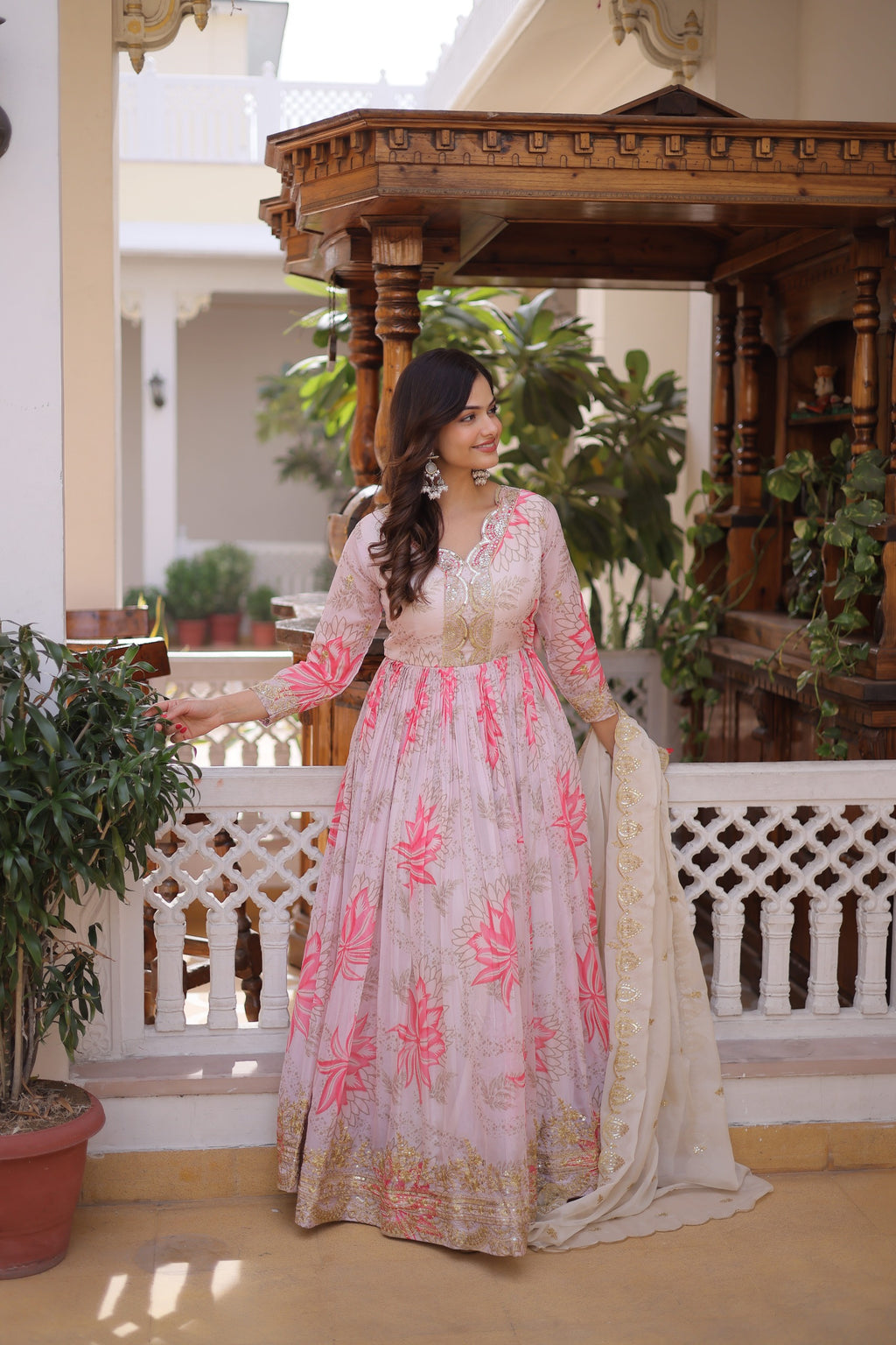 Pink Floral Anarkali Gown Set with Dupatta – Designer Party Wear