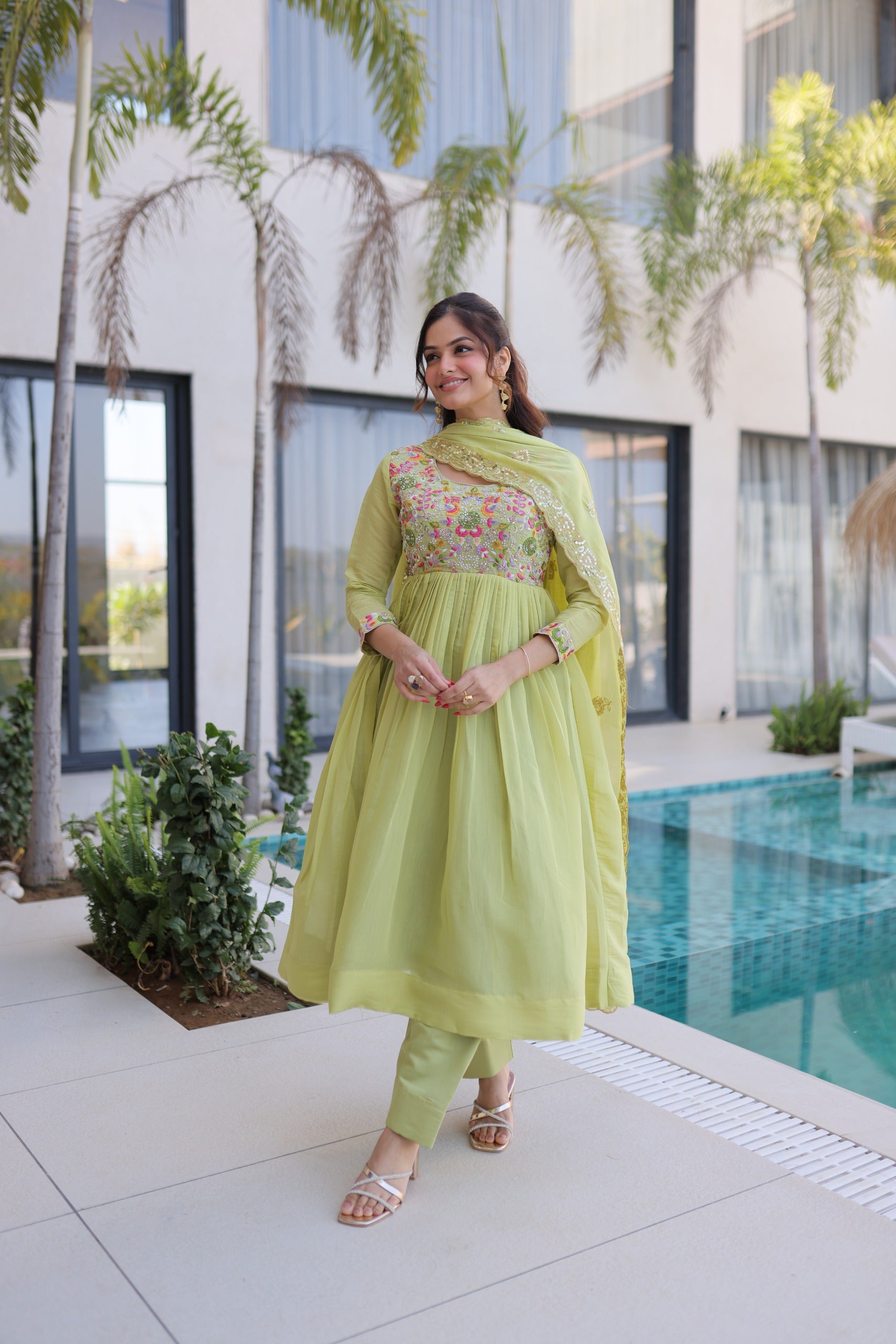 Mal Chanderi Gown with Pant & Dupatta Set – Festive Party Wear