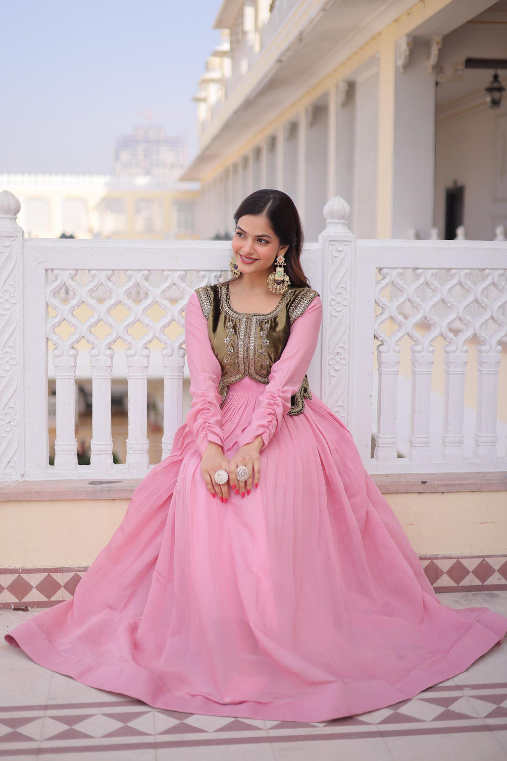 Mal Chanderi Gown with Ice Velvet Koti – Festive Party Wear