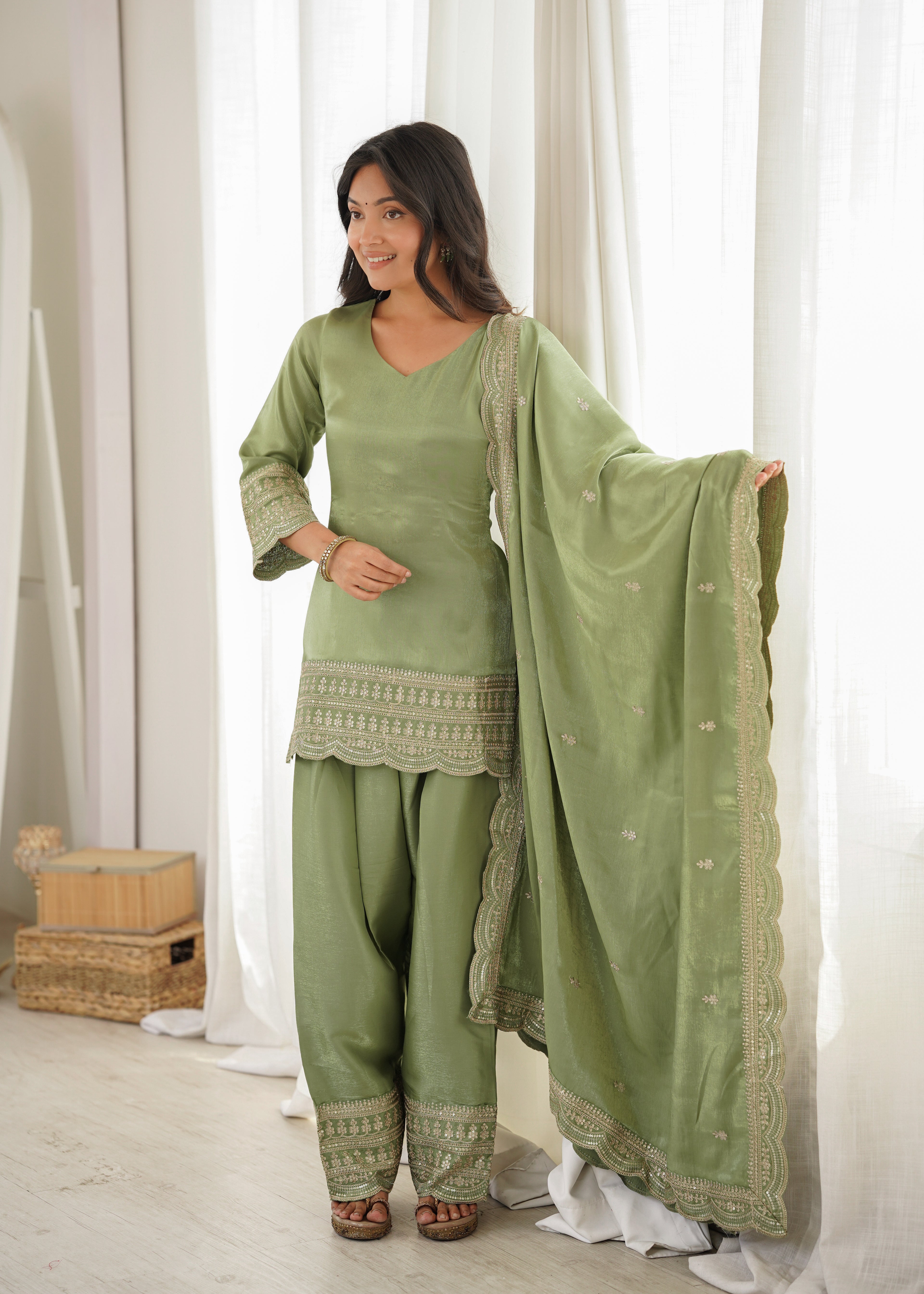 Glass Roman Silk Embroidered Top with Farshi Shalwar & Dupatta – Festive Wedding Wear
