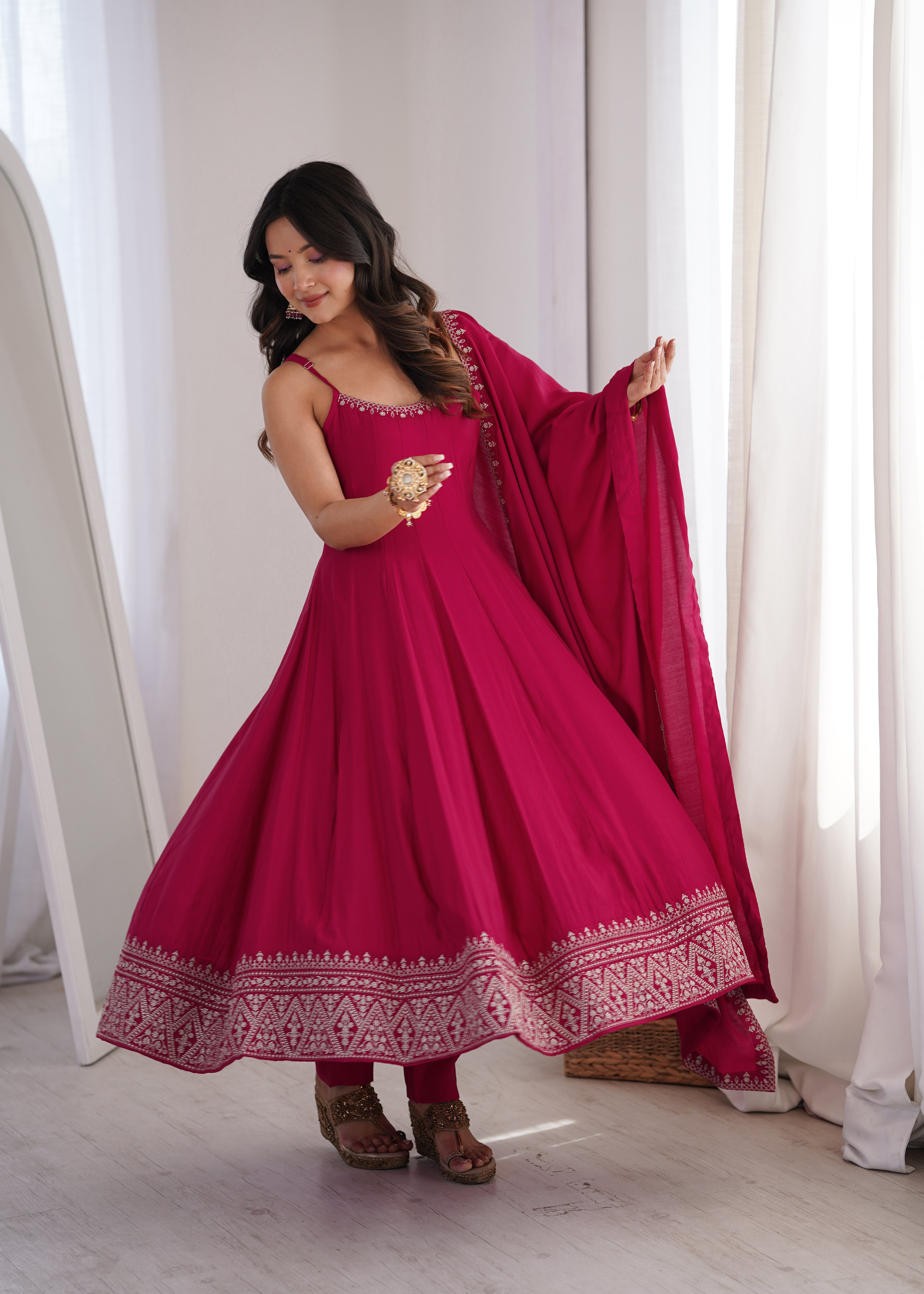 Pure Roman Silk Chanderi Flared Anarkali with Dupatta & Pant – Festive Wedding Wear