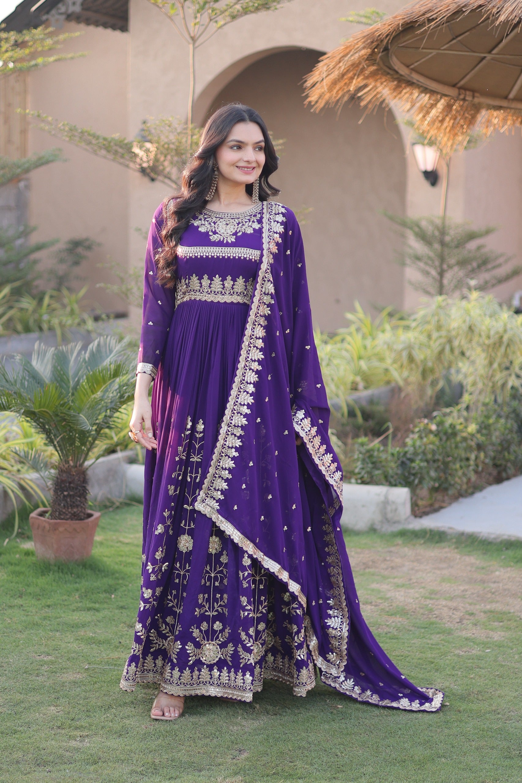 Purple Faux Blooming Georgette Gown with Dupatta – Wedding Reception