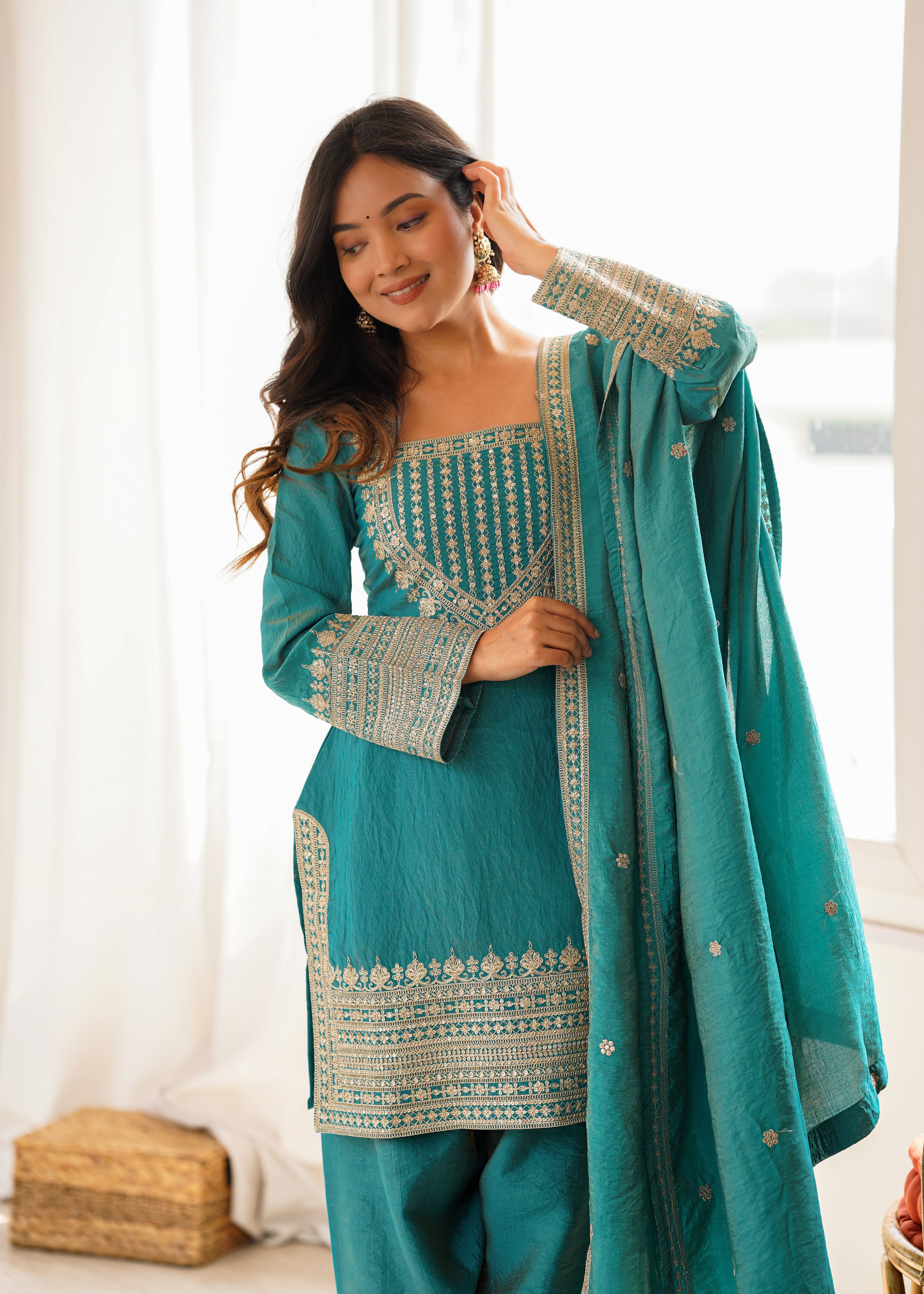 Seagreen Vichitra Silk Embroidered Top with Farshi Shalwar & Dupatta – Festive Wedding Wear
