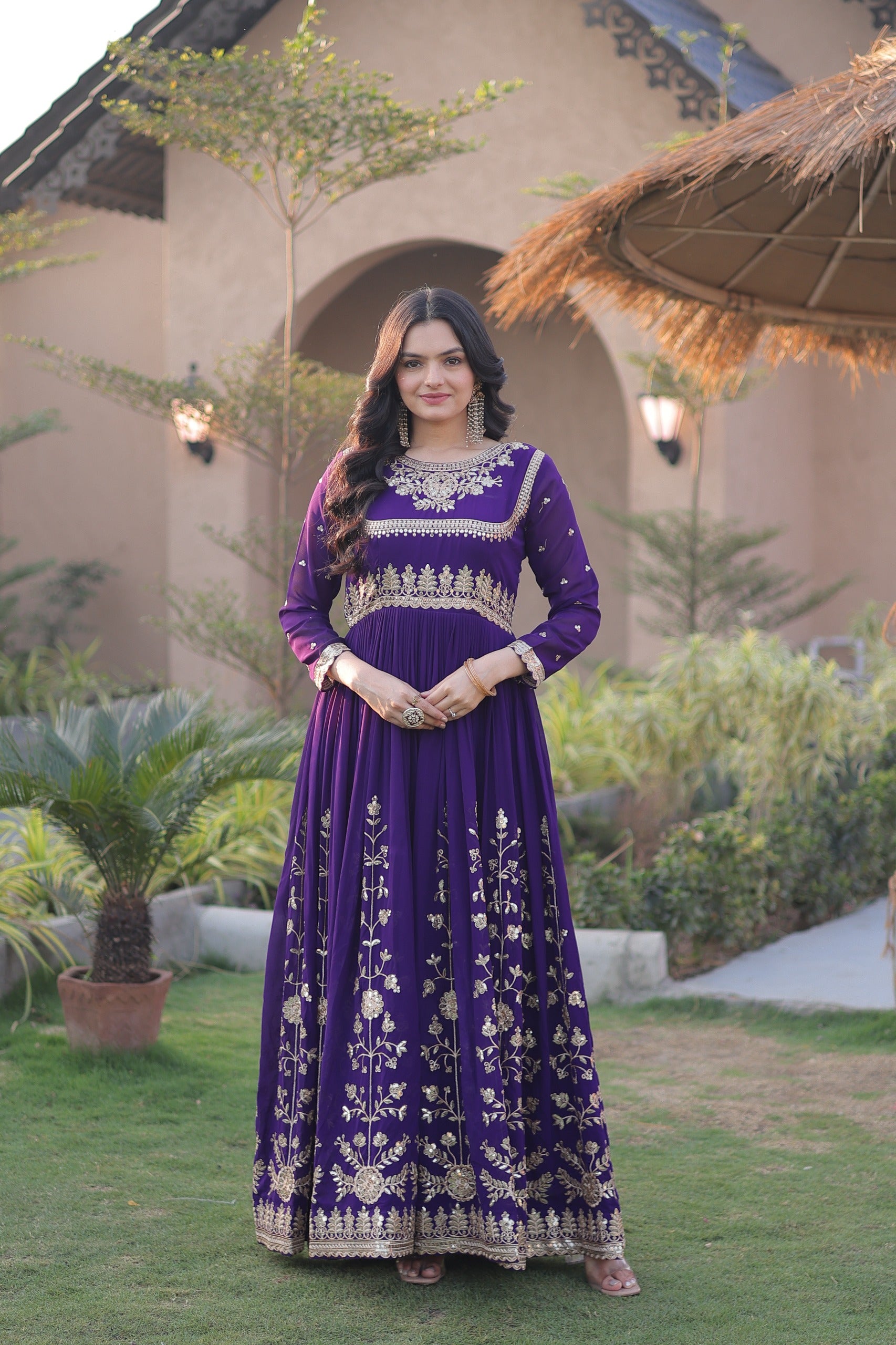 Purple Faux Blooming Georgette Gown with Dupatta – Wedding Reception