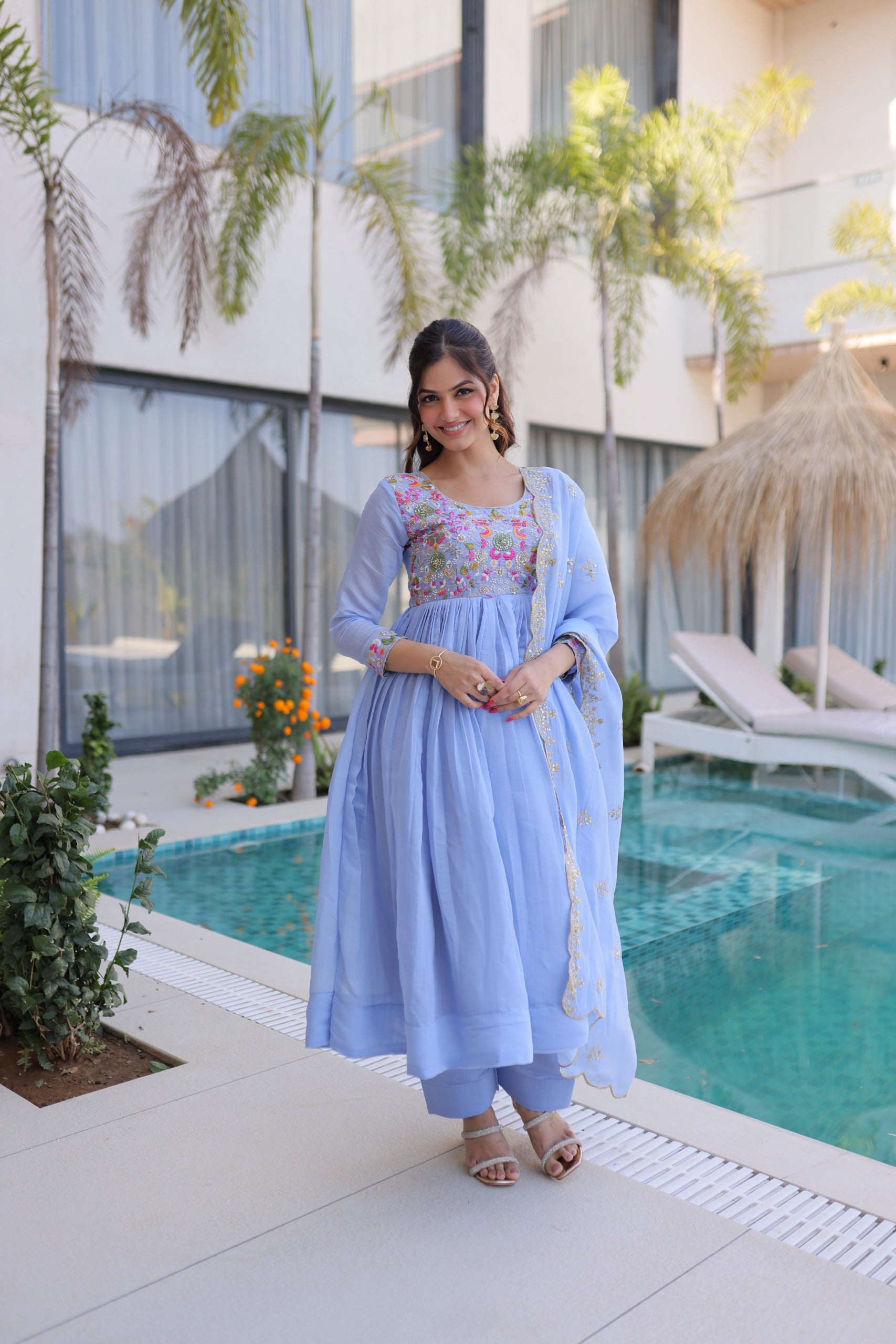 Mal Chanderi Gown with Pant & Dupatta Set – Festive Party Wear