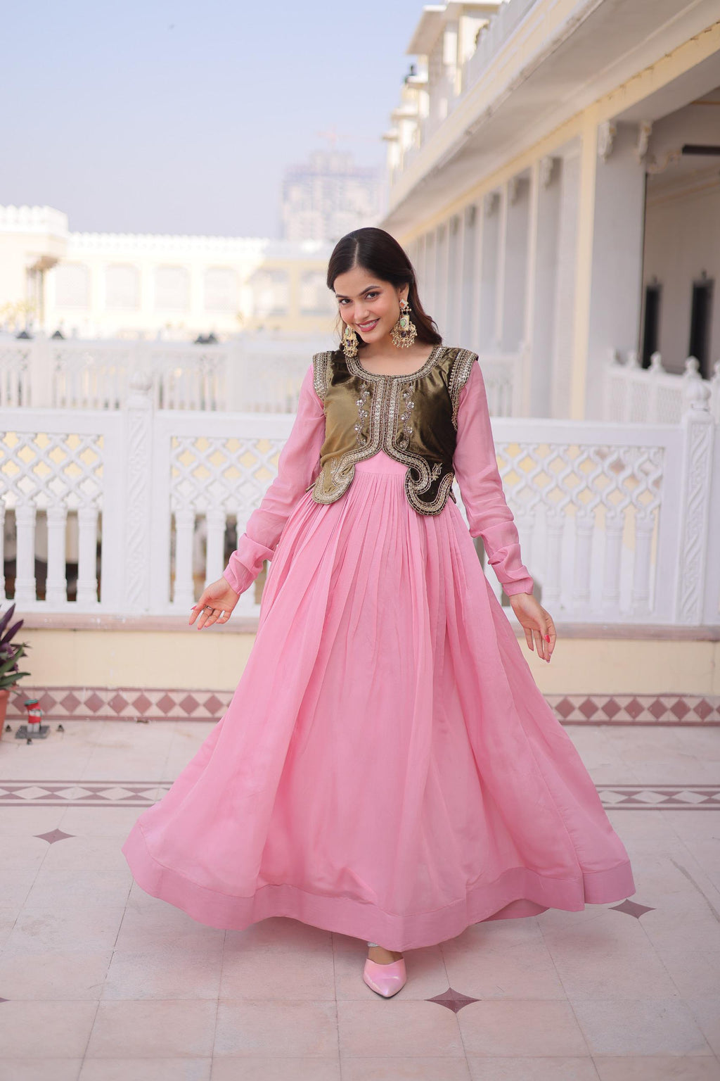 Mal Chanderi Gown with Ice Velvet Koti – Festive Party Wear